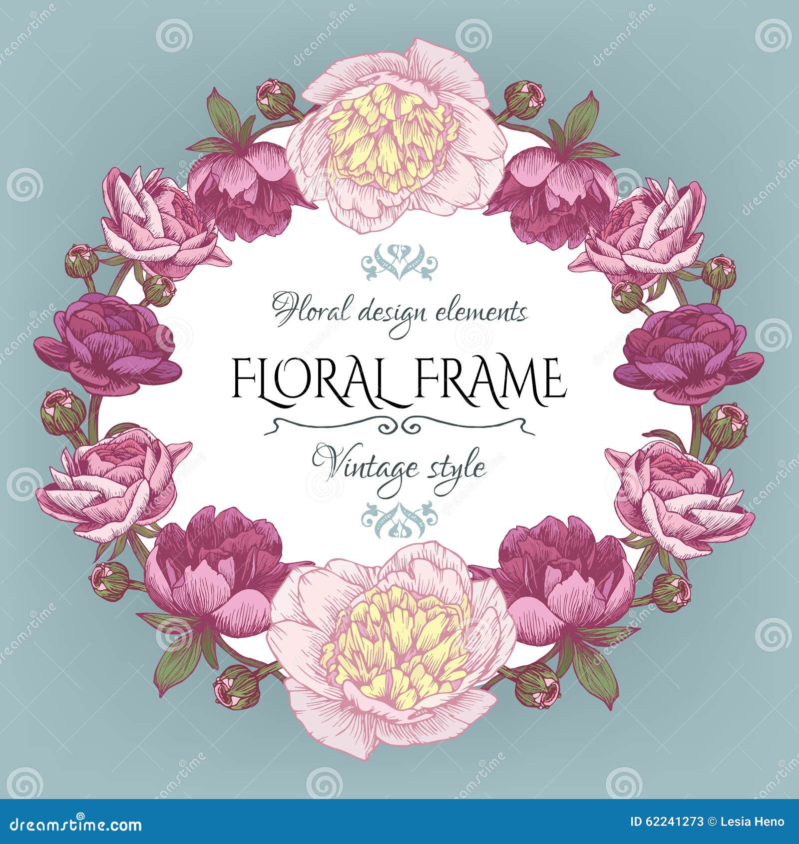 vintage floral card with a frame of white and purple peonies and persian buttercup.