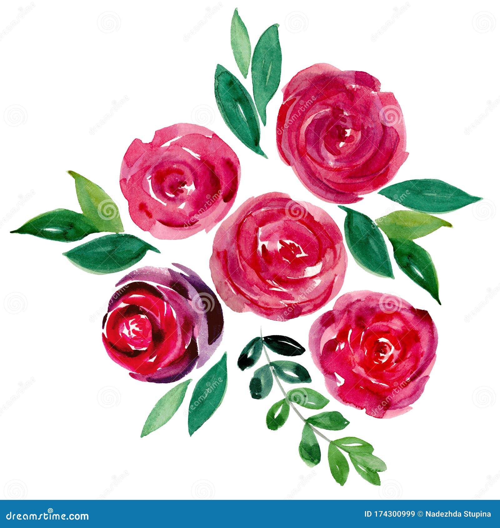 Vintage Floral Illustration - Red And Pink Watercolor Roses Stock Image - Image Of Leaf, Boho: 174300999