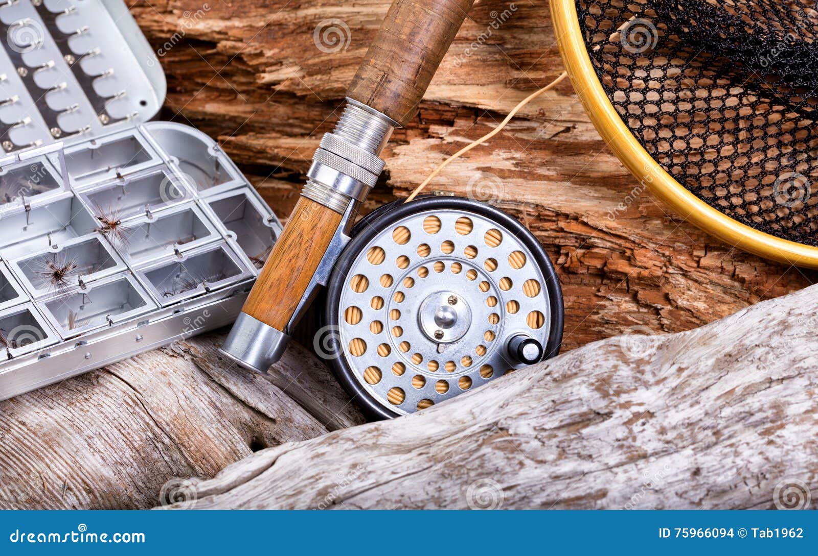 Vintage Fly Fishing Outfit and Gear on Rocks and Wood Background Stock  Photo - Image of trout, lure: 75966094