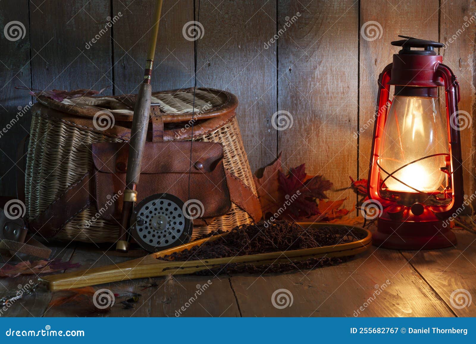 Vintage Fly Fishing Rod Creel and Net with Lantern on Old Wood Background  Stock Image - Image of shadow, pursuit: 255682767