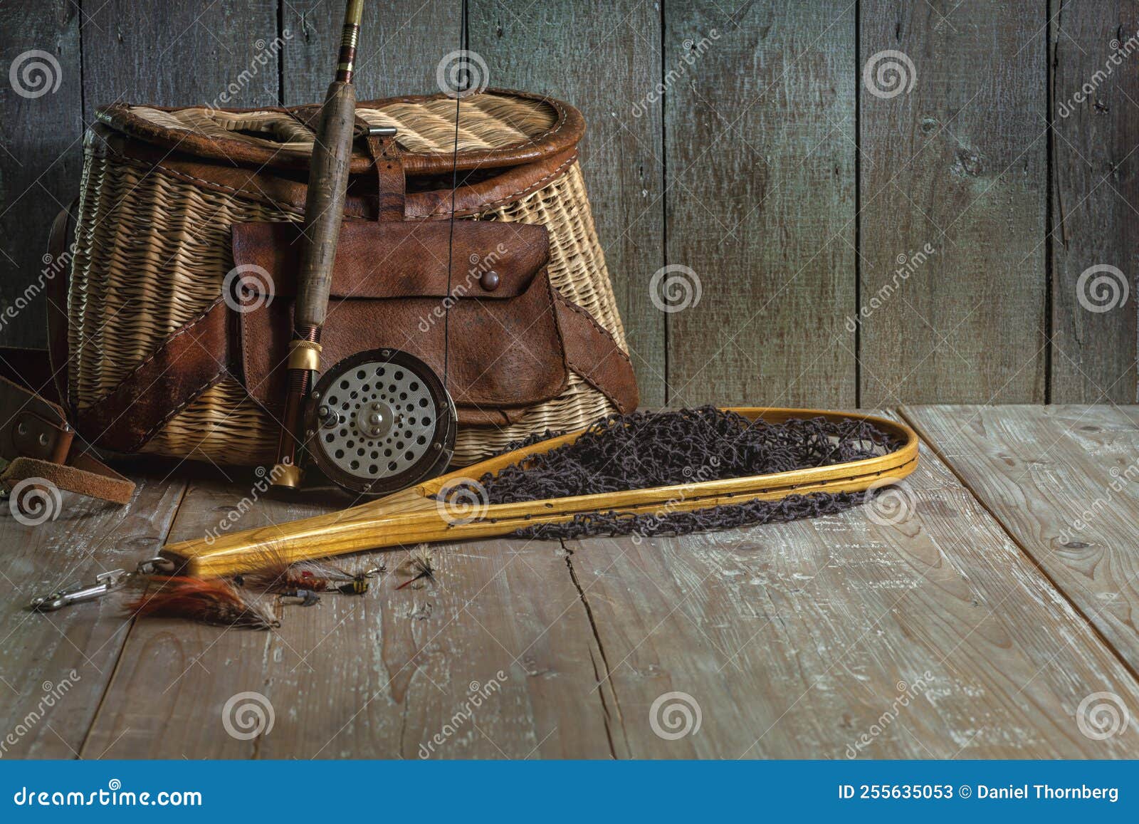 Vintage Fly Fishing Rod Creel and Net on Old Wood Background Stock Image -  Image of recreational, pursuit: 255635053