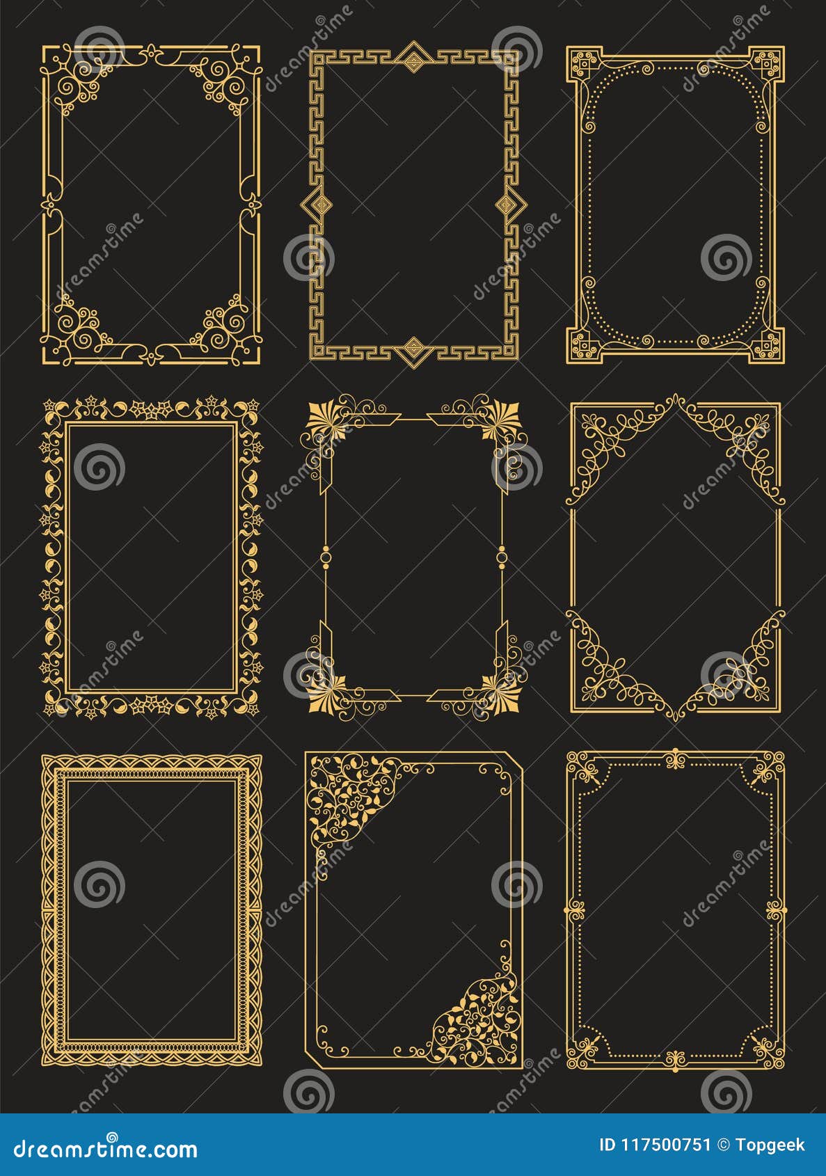 Vintage Frames Collection Golden Borders Isolated Stock Vector