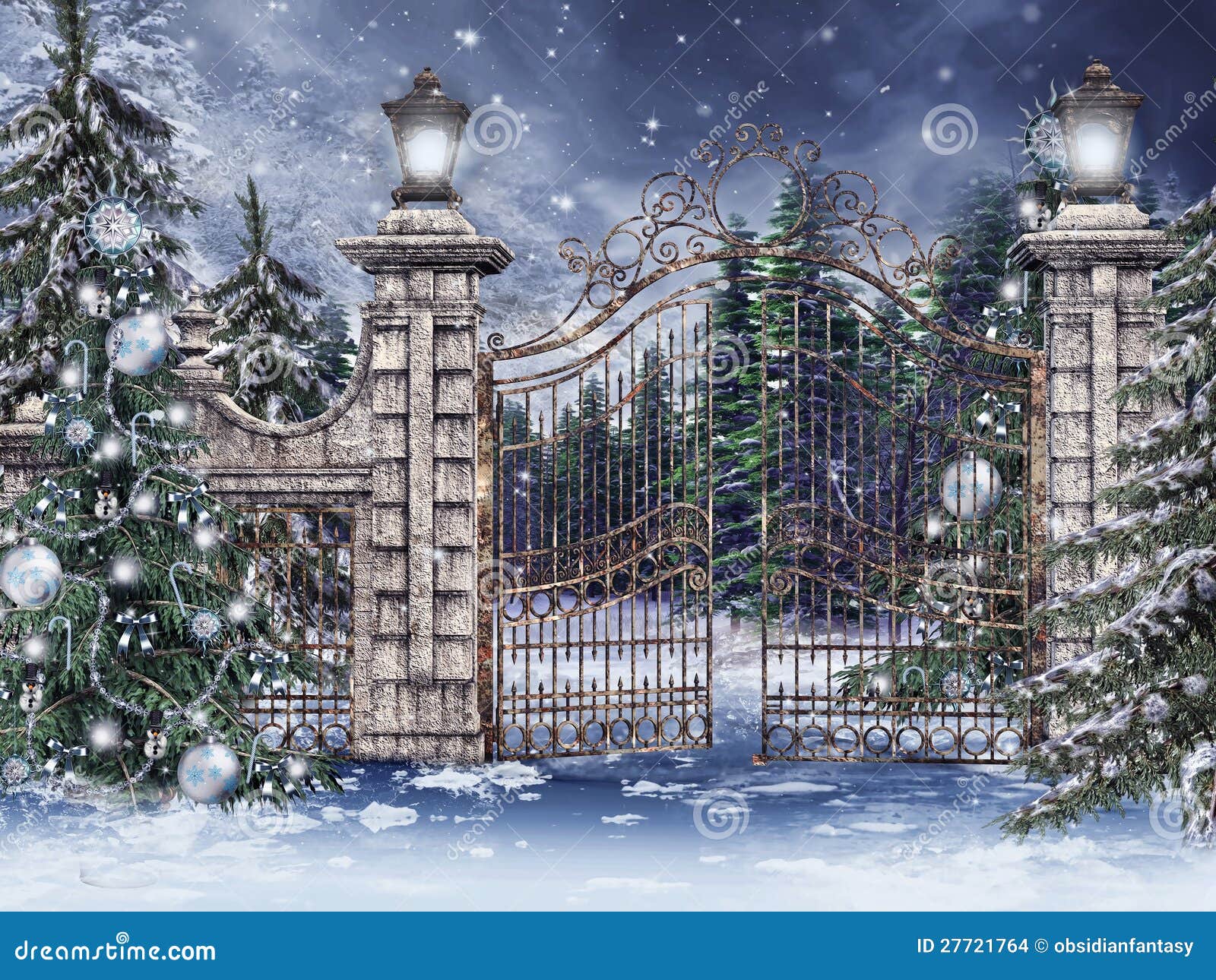 Vintage Gate with Christmas Trees Stock Illustration Illustration of
