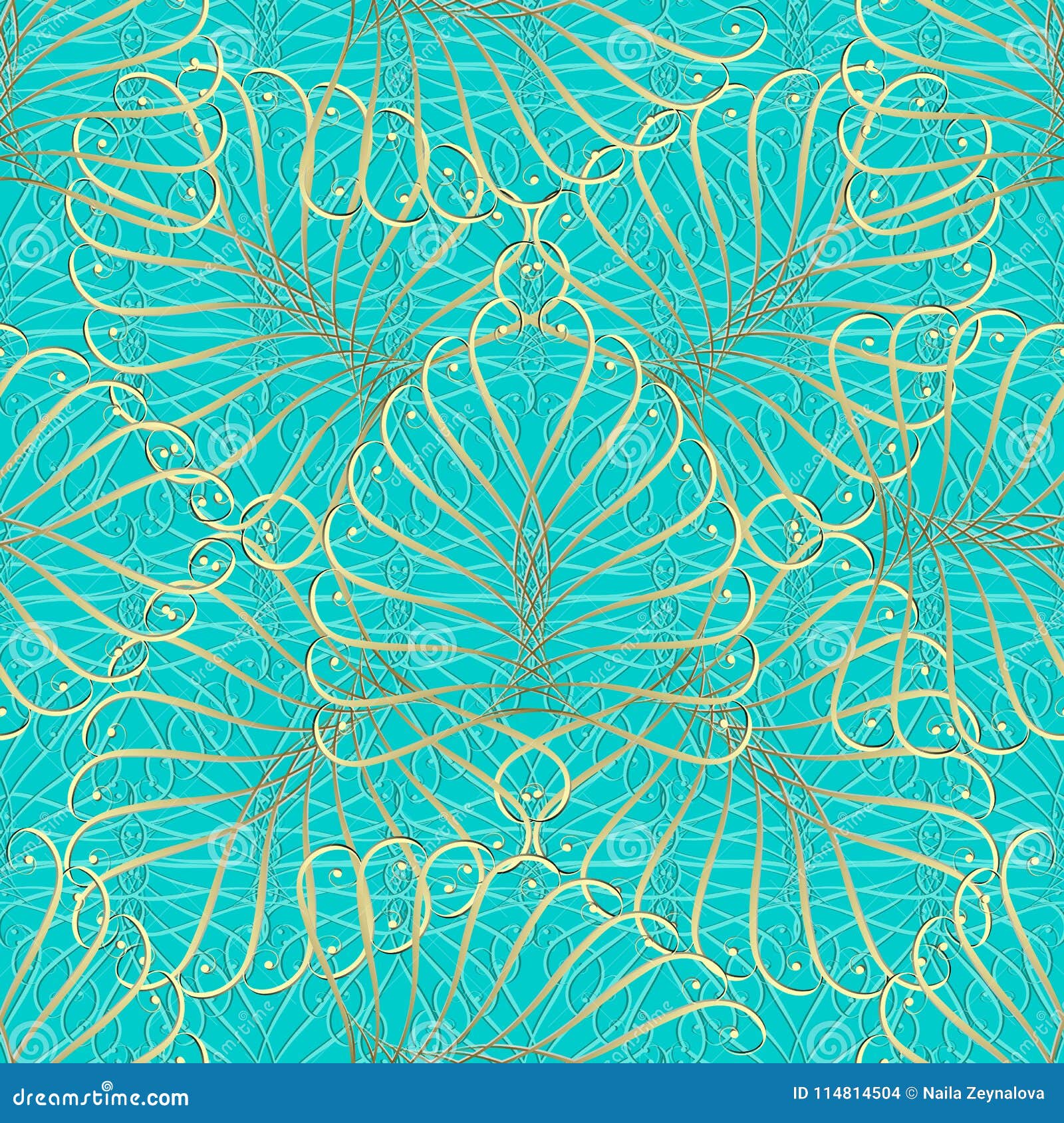 vintage gold calligraphic 3d seamless pattern.  turquoise