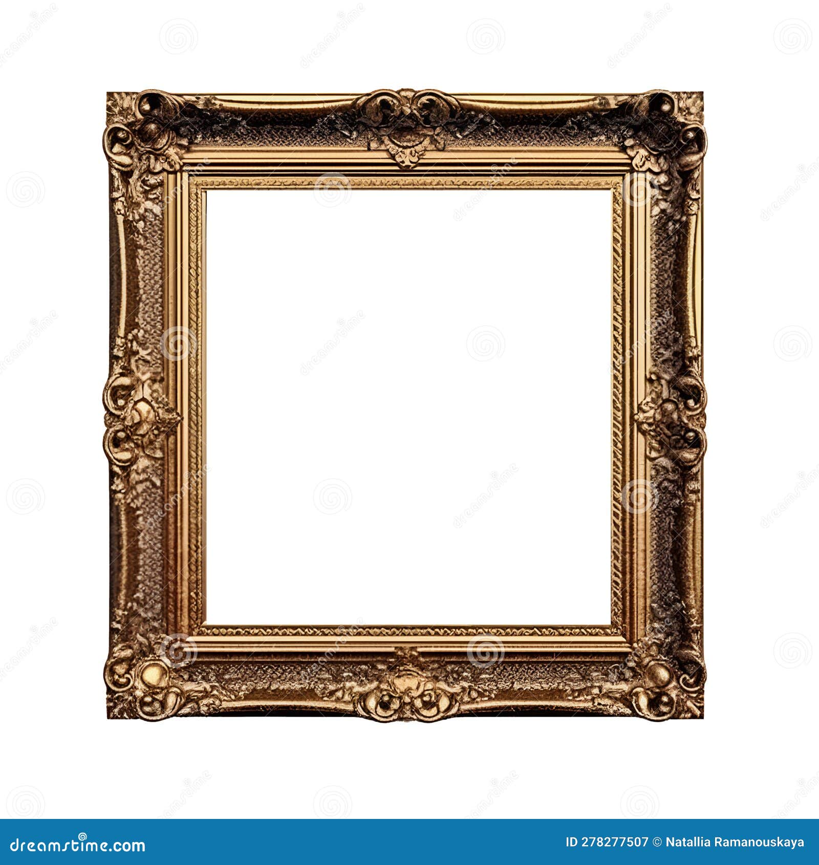 vintage gold frame in boroque style on white background,  object