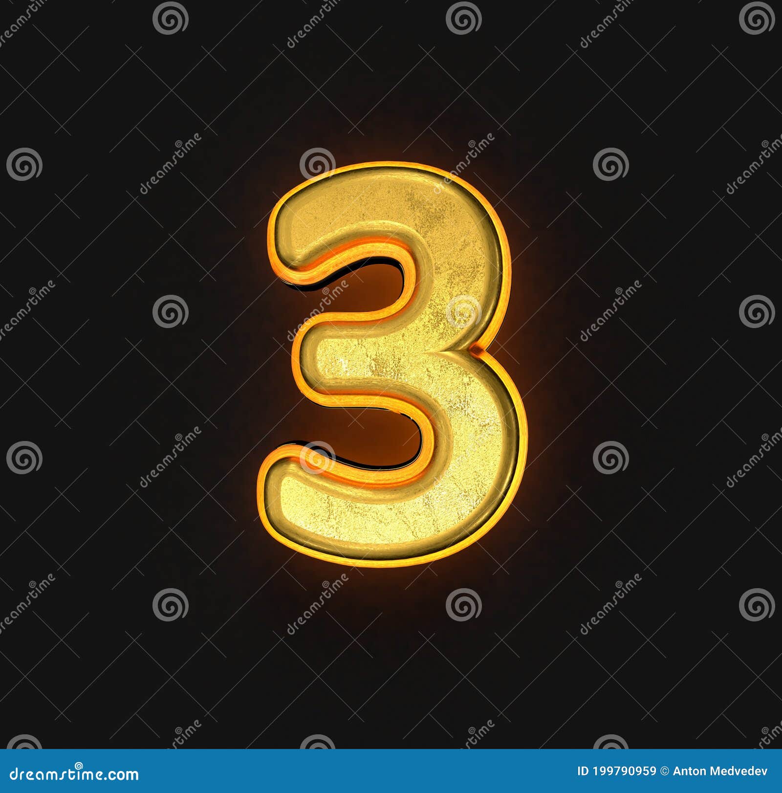Vintage Gold Metal Font with Yellow Outline and Backlight - Number 3