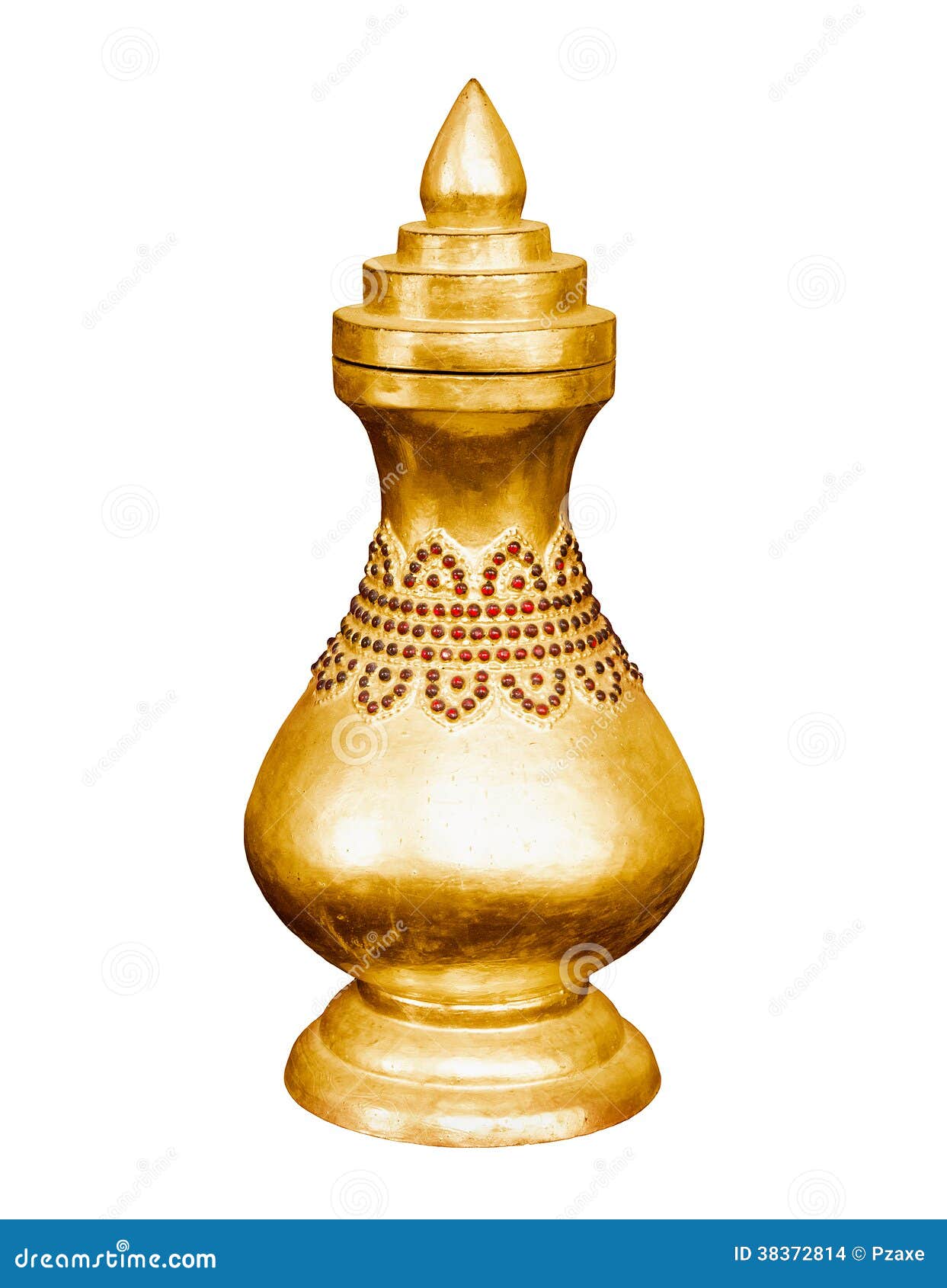 Vintage golden vessel. Myanmar, Mandalay. Vintage golden vessel isolated on white background. Myanmar, Mandalay