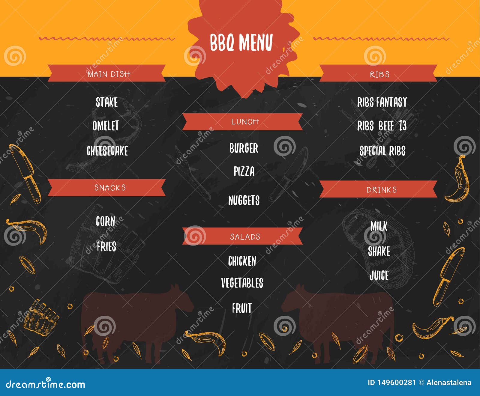 Vintage Grill Menu Design. Grill Poster with Doodle Background. Steak