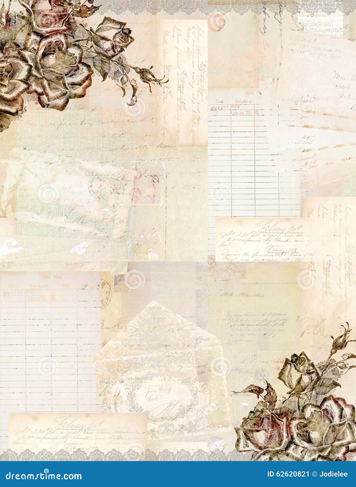 vintage grungy antique collage background with flowers, and ephemera