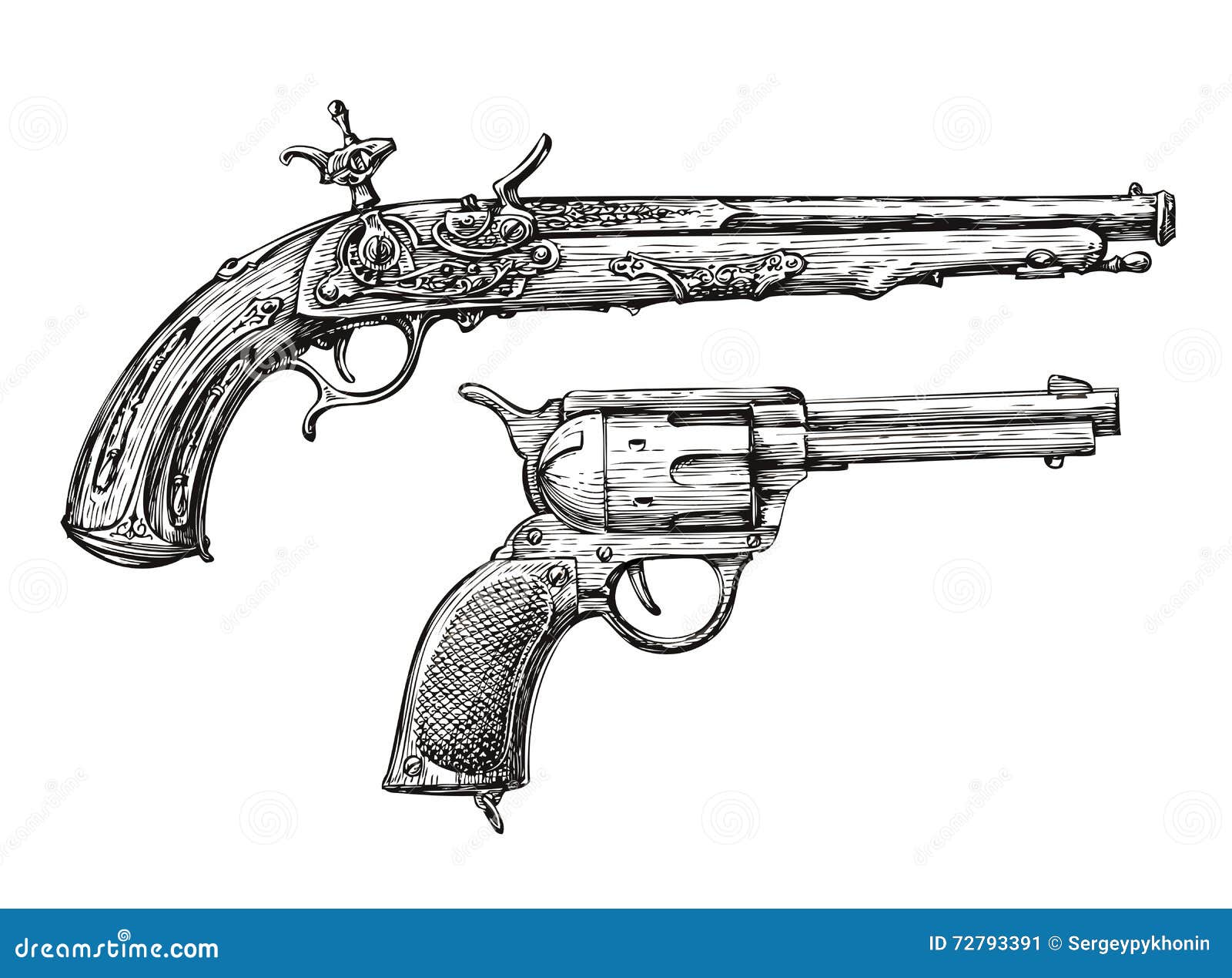 vintage gun. retro pistol, musket. hand-drawn sketch of a revolver, weapon, firearm