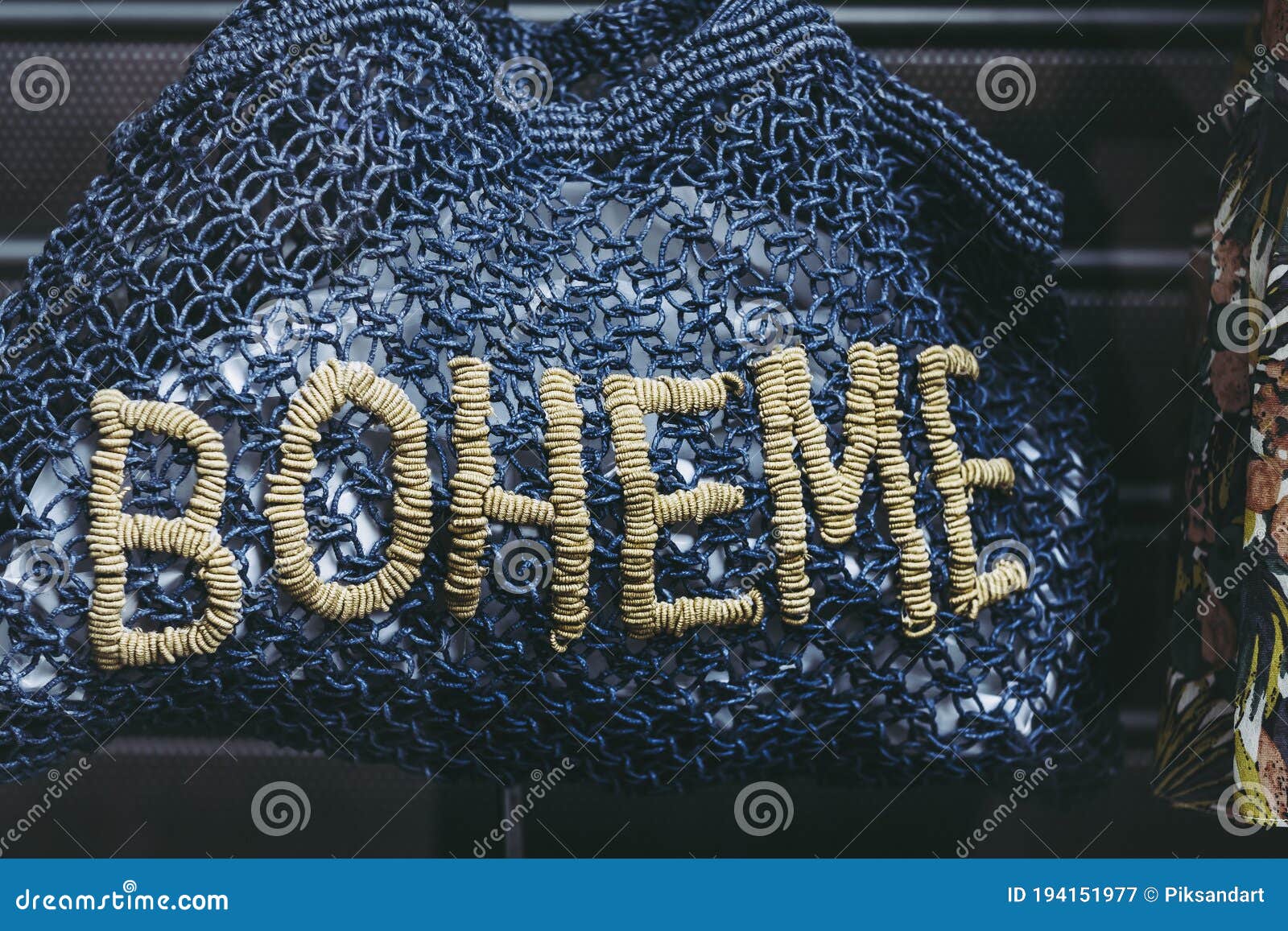 vintage handmade blue crochet bag with text boheme