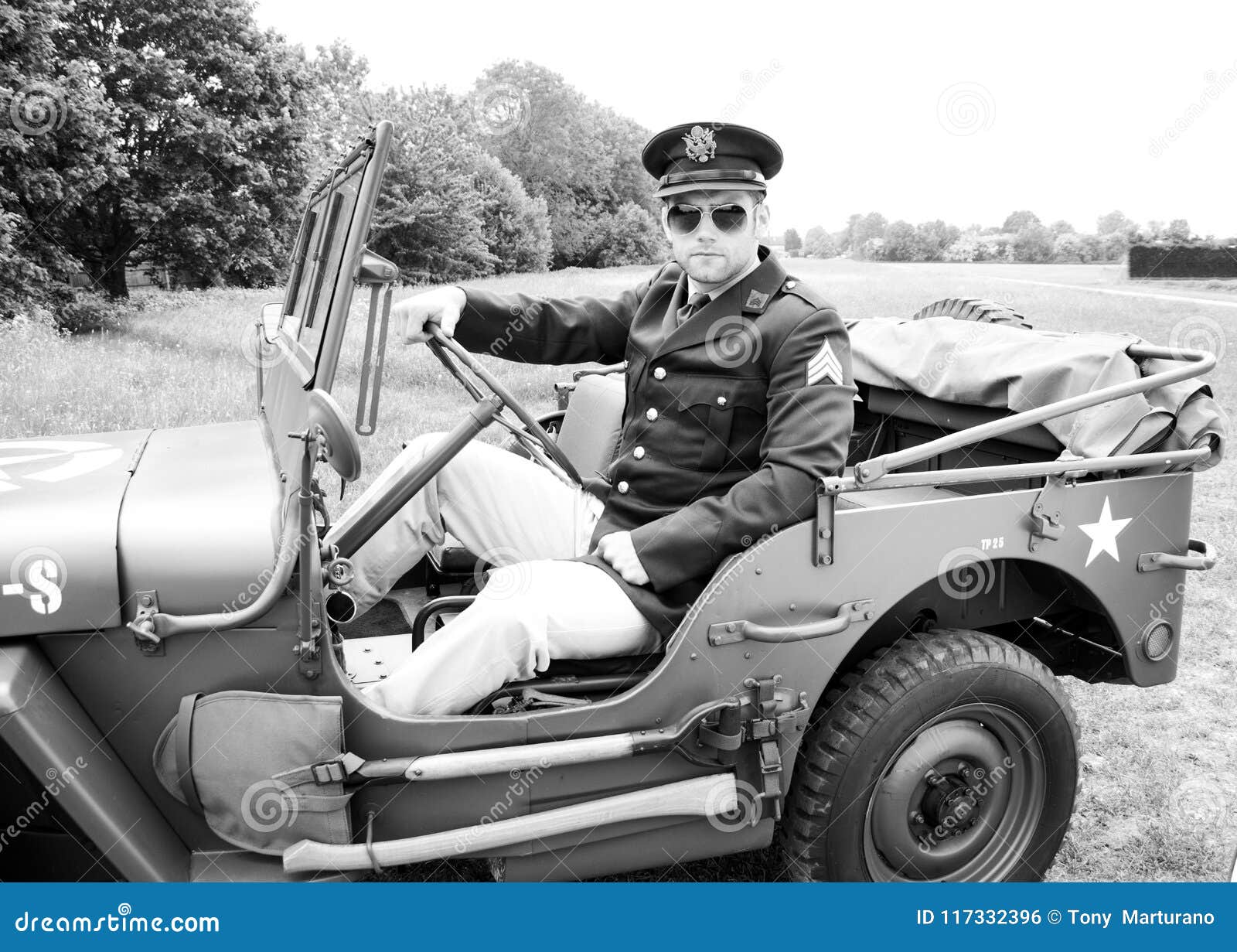 Handsome American Wwii Gi Army Officer In Uniform Riding Willy Jeep