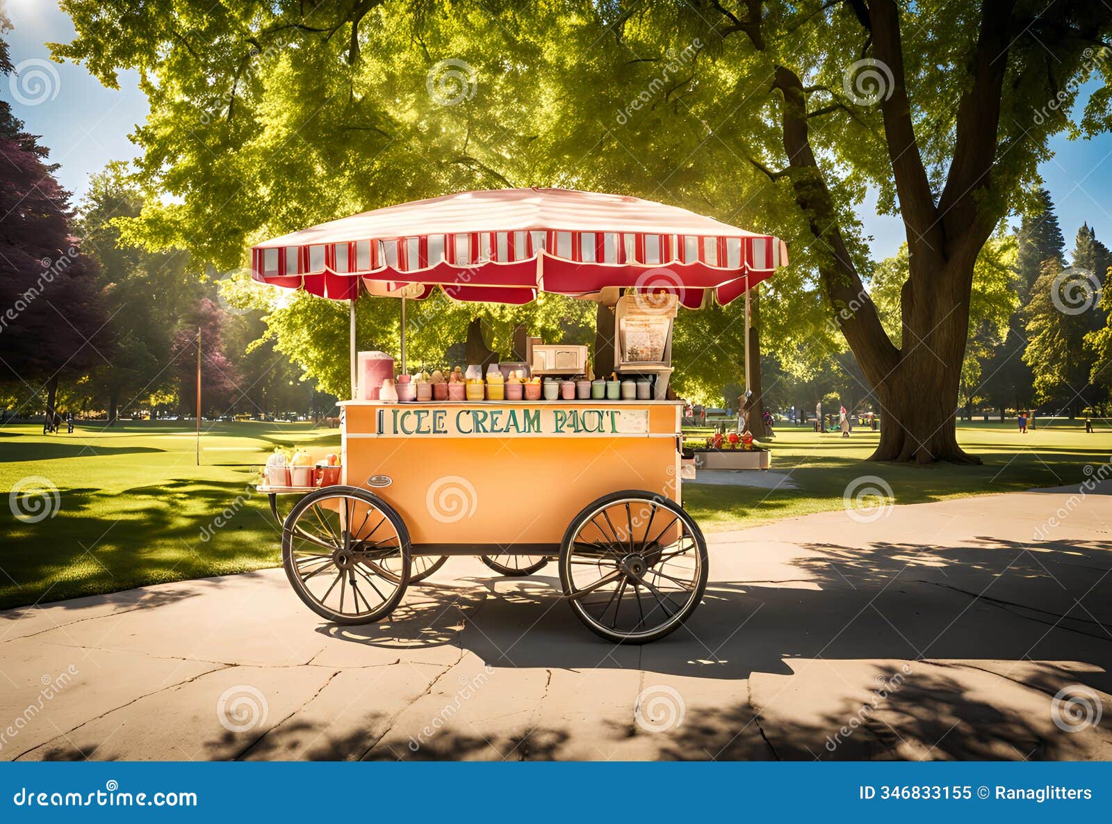 vintage ice cream cart under colorful umbrellas in park