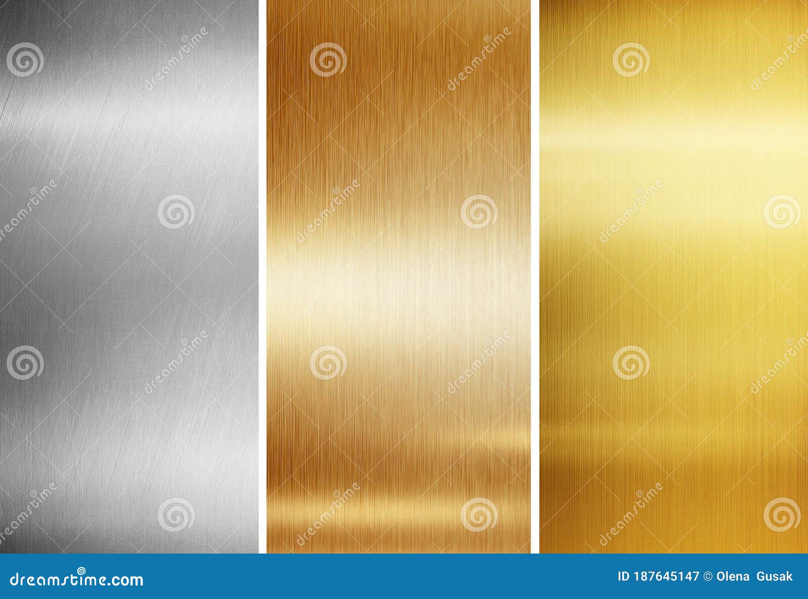 Metallic Background Textures. Gold, Silver and Copper Metal Plates