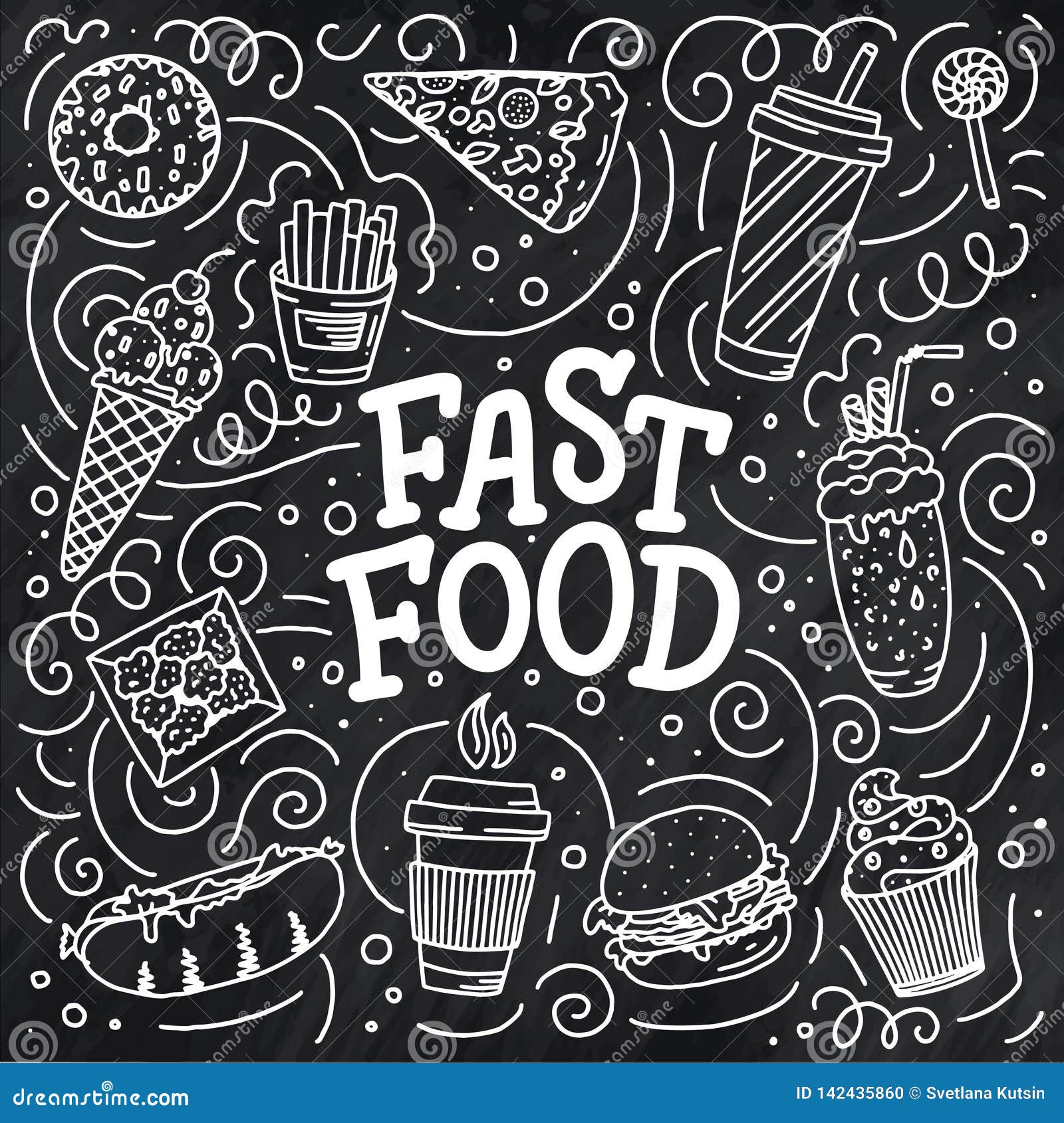 Vintage Illustration with Fast Food Doodle Elements and Lettering on  Background for Concept Design. Vector Illustration for Any Stock Photo -  Image of icon, cafe: 142435860