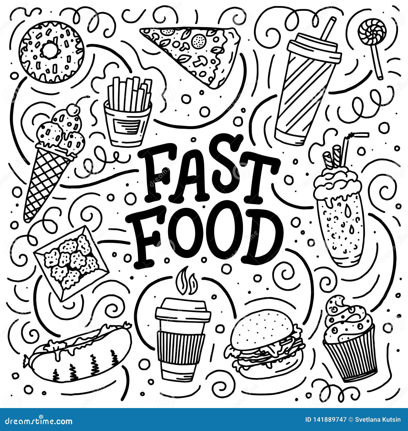 Vintage Illustration with Fast Food Doodle Elements and Lettering on White  Background for Concept Design. Vector Illustration for Stock Illustration -  Illustration of drawn, drink: 141889747