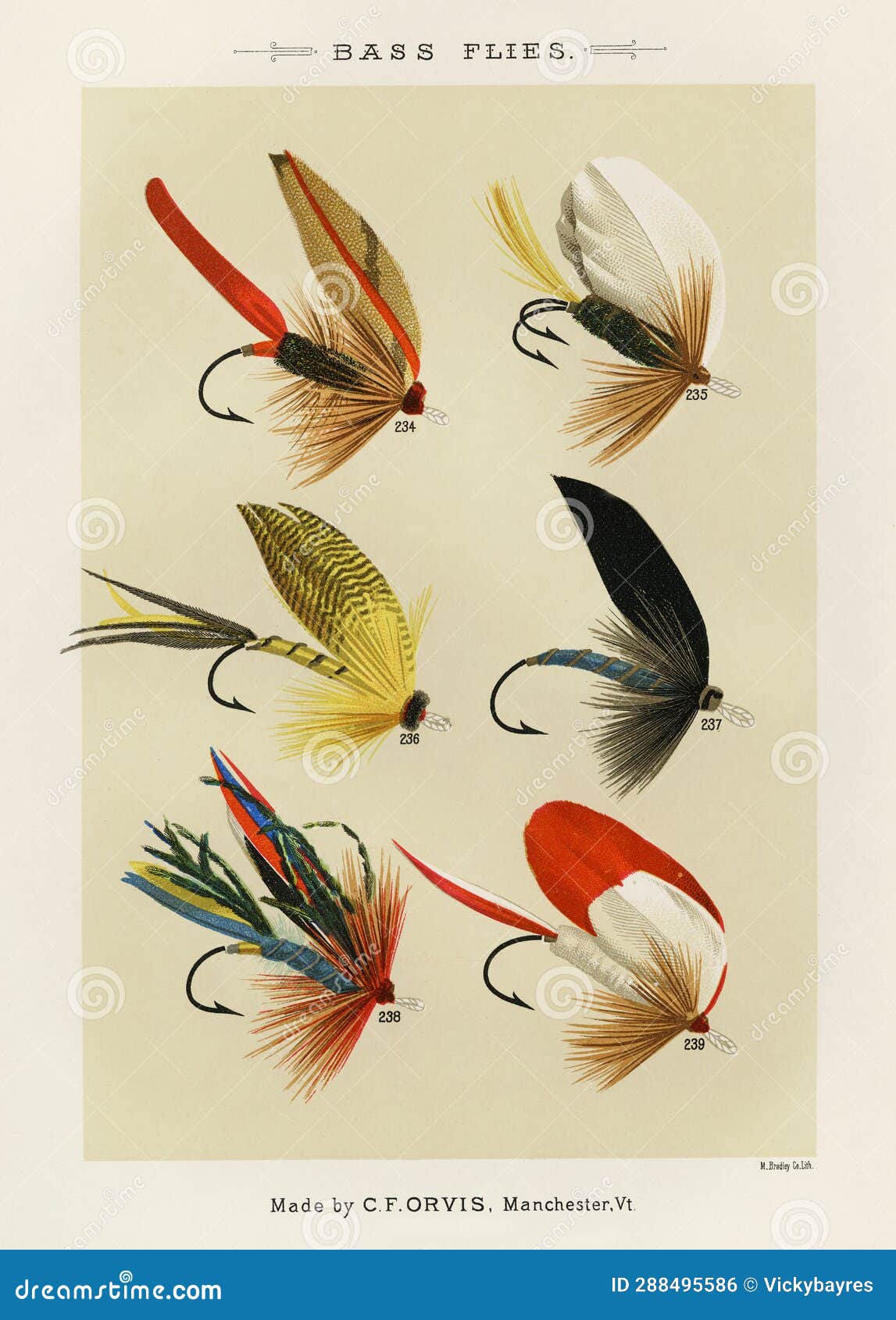 Vintage Illustration of Fly Fishing Hooks. Fly Fishing. Ca. 1890