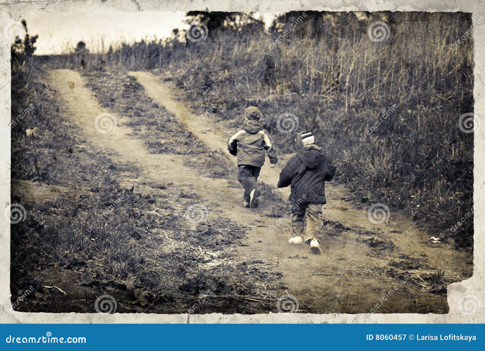 Vintage Image with Running Children Stock Image - Image of landscape ...