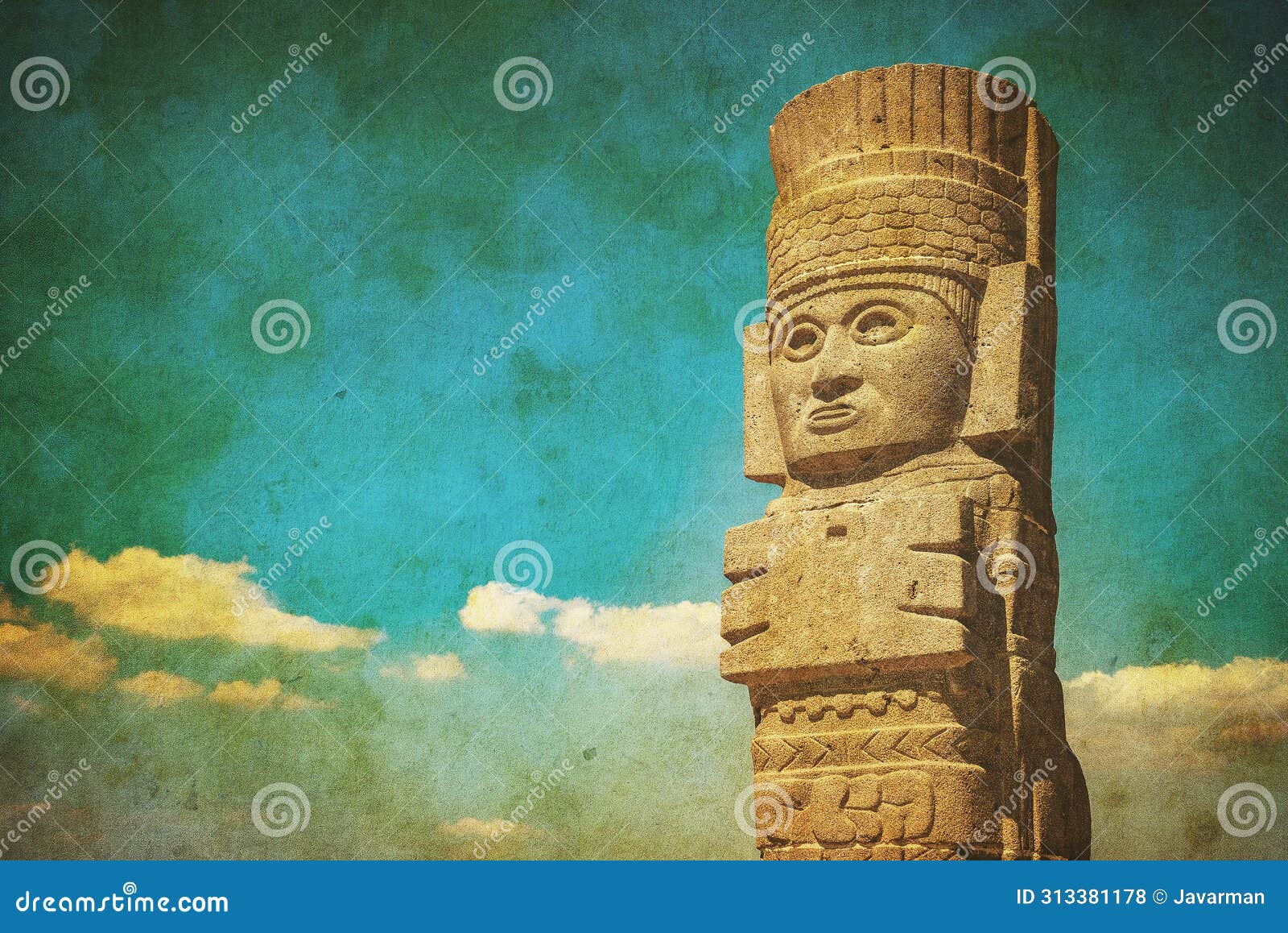 vintage image of toltec warriors or atlantes columns at pyramid of quetzalcoatl in tula, mexico