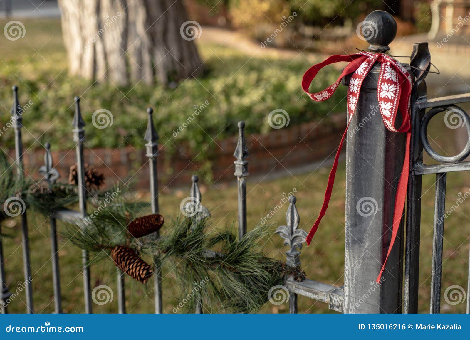 Vintage Iron Fence Pine Tree Garland Pine Cone Red Ribbon