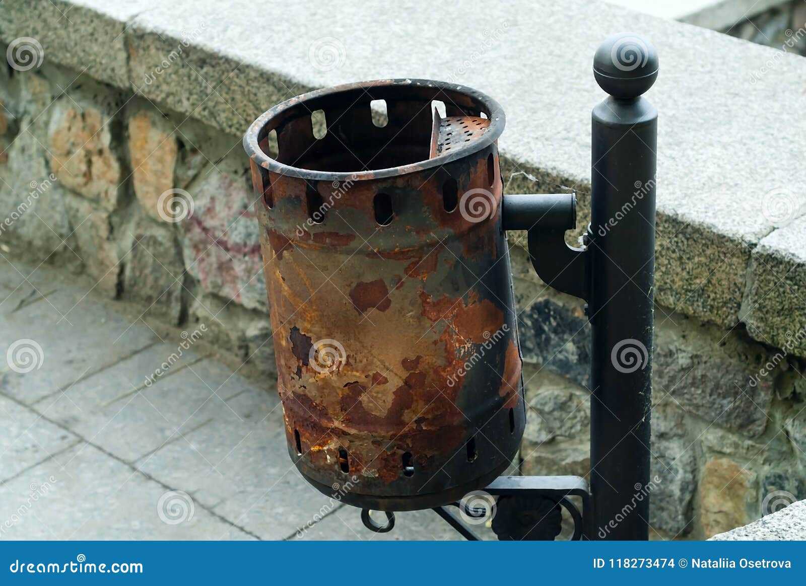 Vintage Iron Trash Can, Concept of Authentic Objects Stock Photo