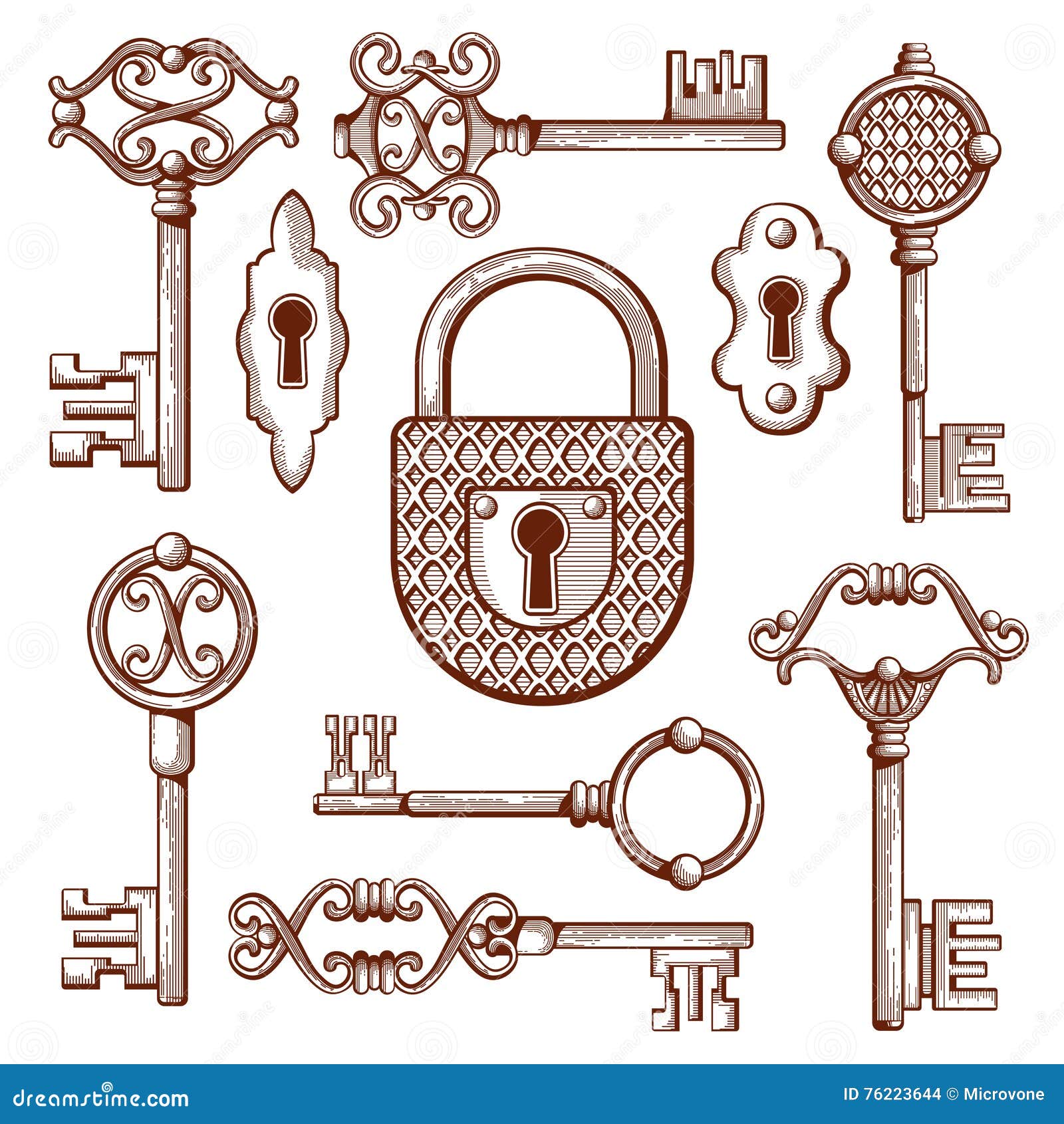 Vintage Keys, Locks and Padlocks Hand Drawn Vector Illustration Stock