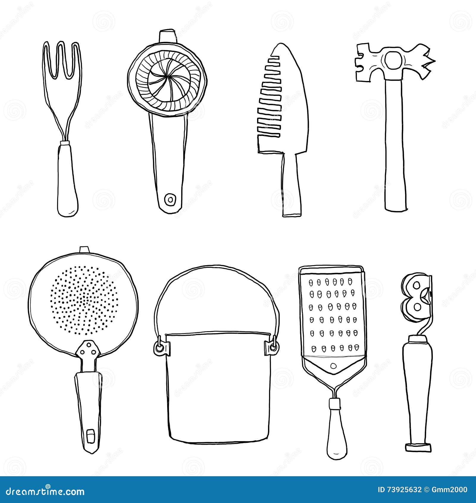 Vintage Kitchen Tools Hand Drawn Line Art Cute Illustration Stock