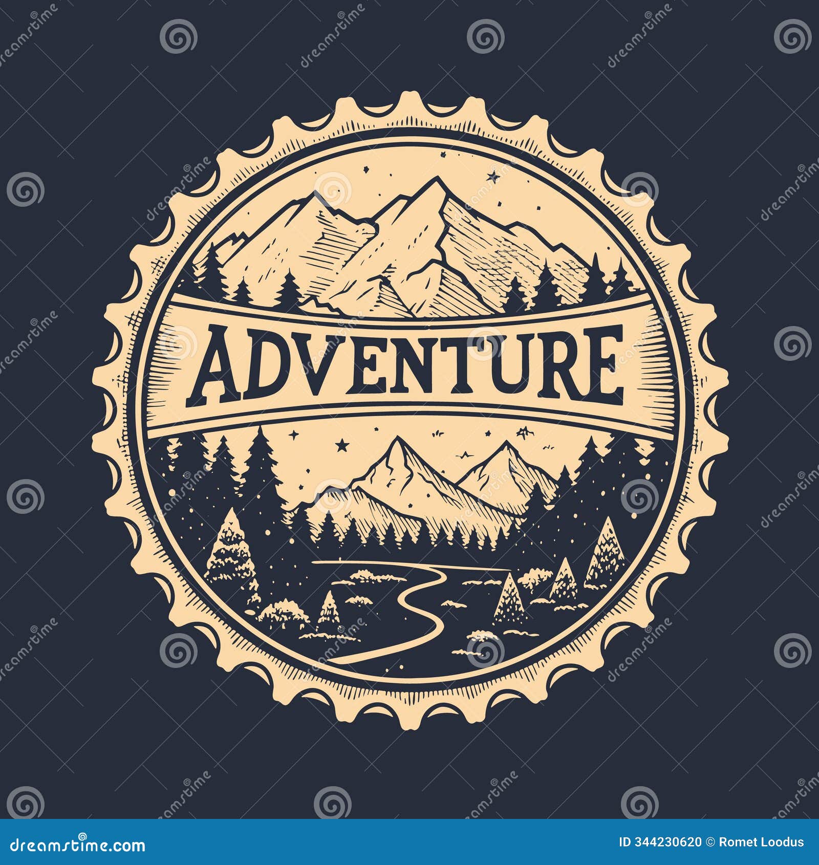 vintage label with text adventure, mountains and forest,  