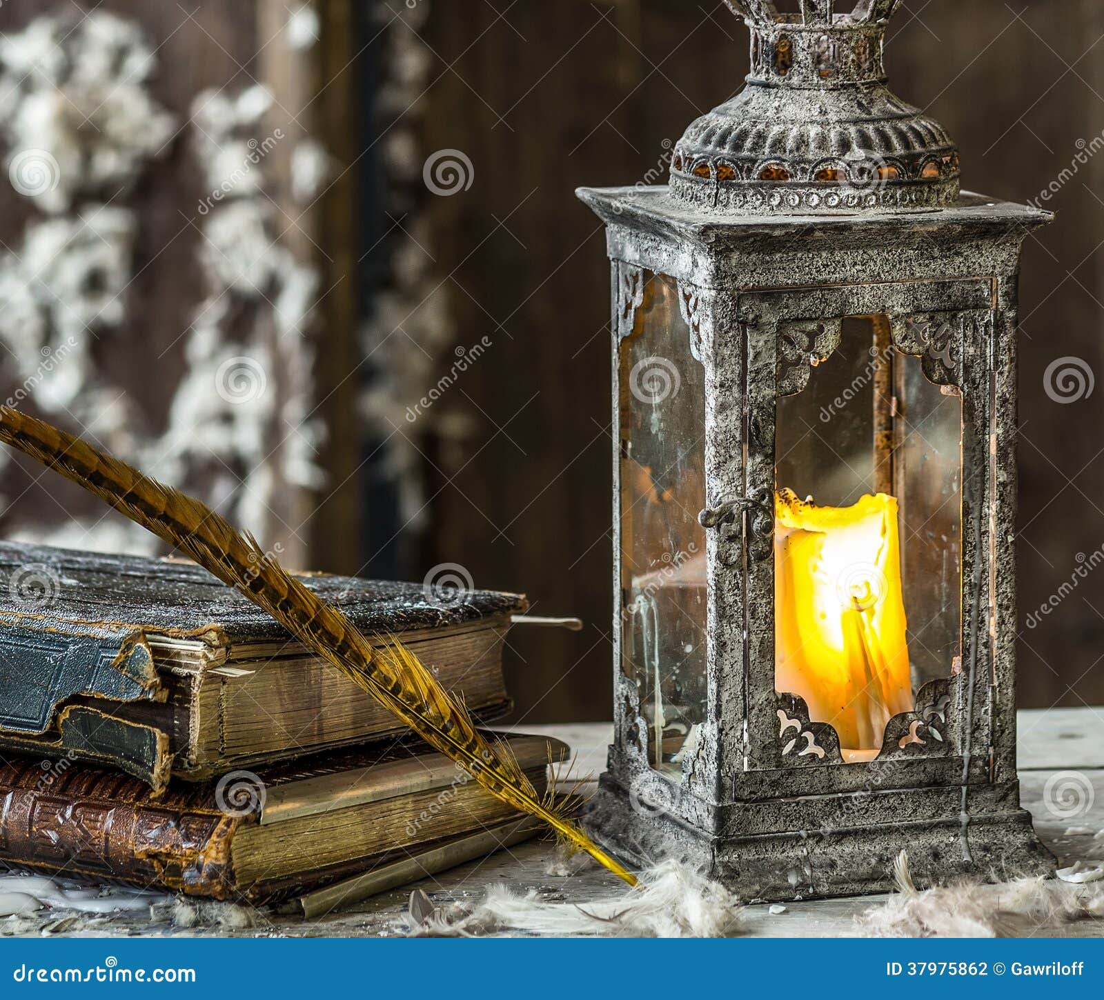 Vintage Lamp for the Candle and Old Books Stock Photo Image of lamp