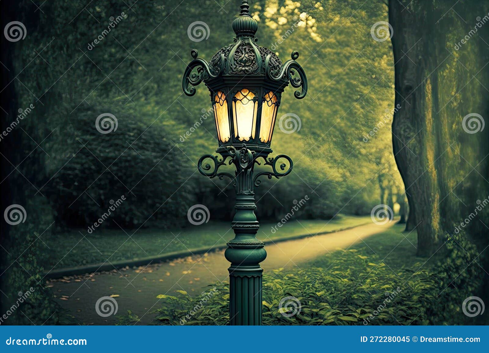 Vintage Lamp Post Standing on Path in Park in Evening Stock