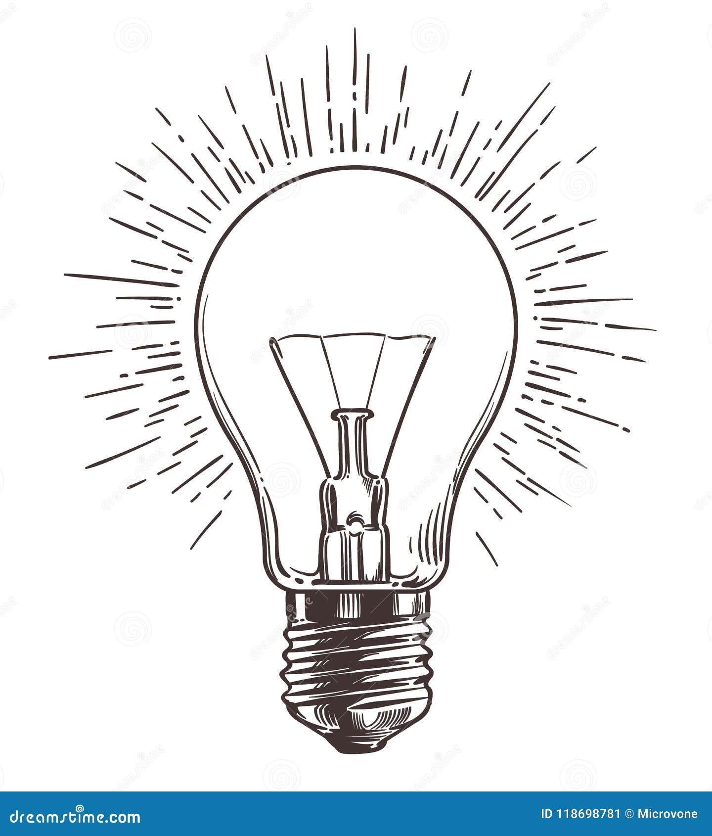 vintage light bulb in engraving style. hand drawn retro lightbulb with illumination for idea concept. 