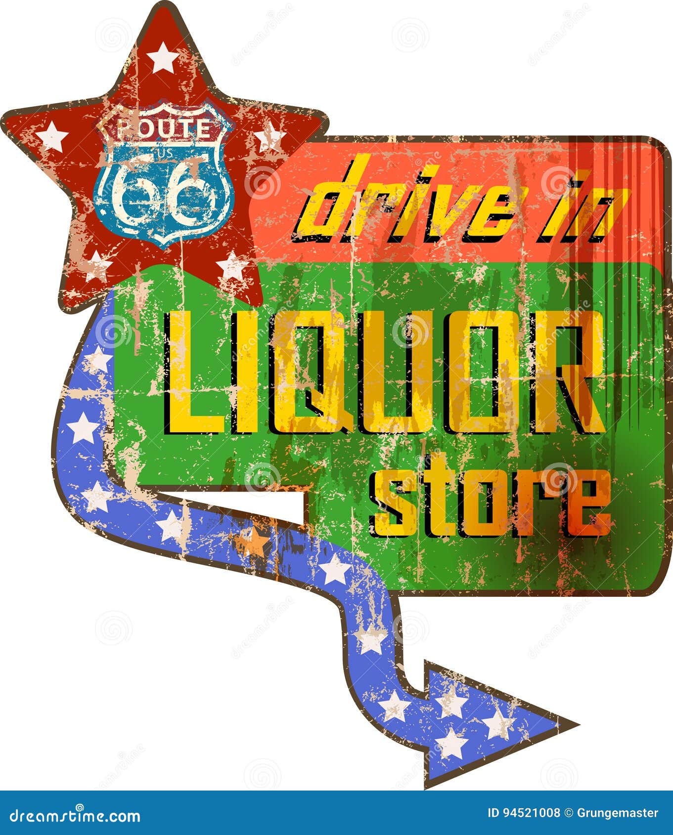 Vintage Liquor Store Sign on the Route 66, Stock Vector Illustration of automotive, distressed