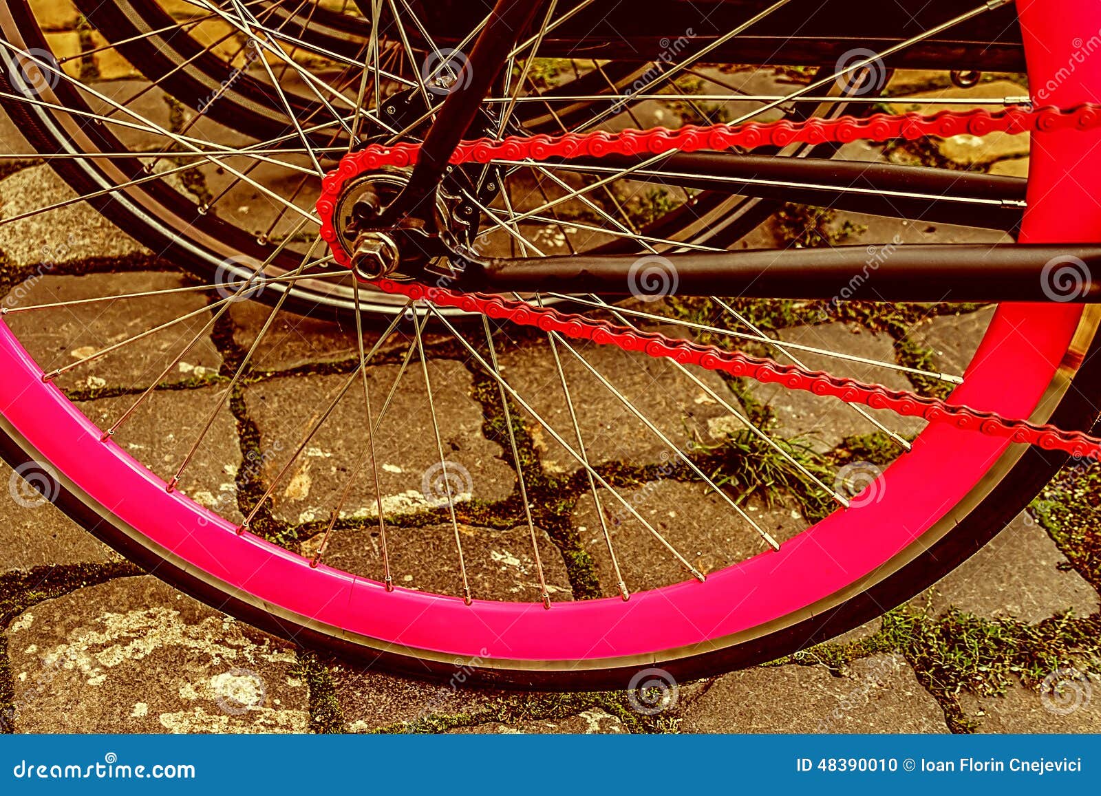 Vintage look at one bicycle detail. Vintage look at detail of bicycle red chain, derailleur and pink rear wheel.