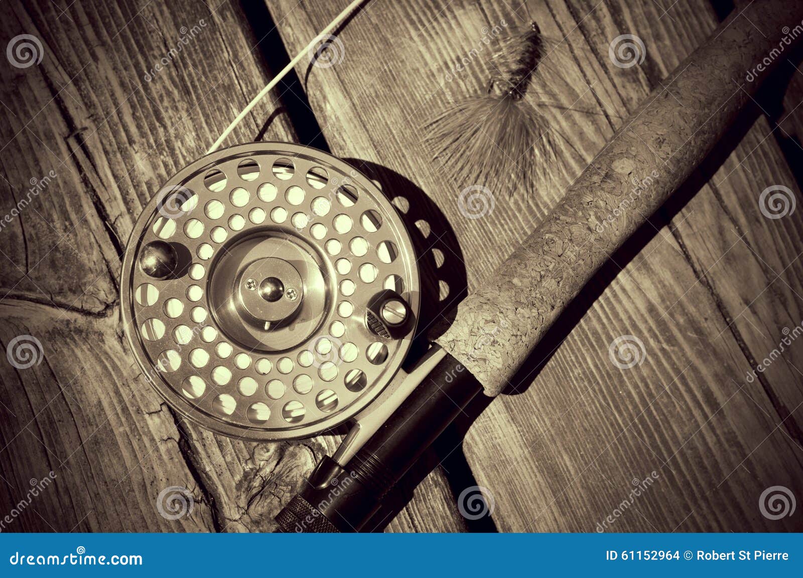 Vintage Looking Sepia Fly Fishing Rod on Wood Stock Photo - Image of metal,  deck: 61152964