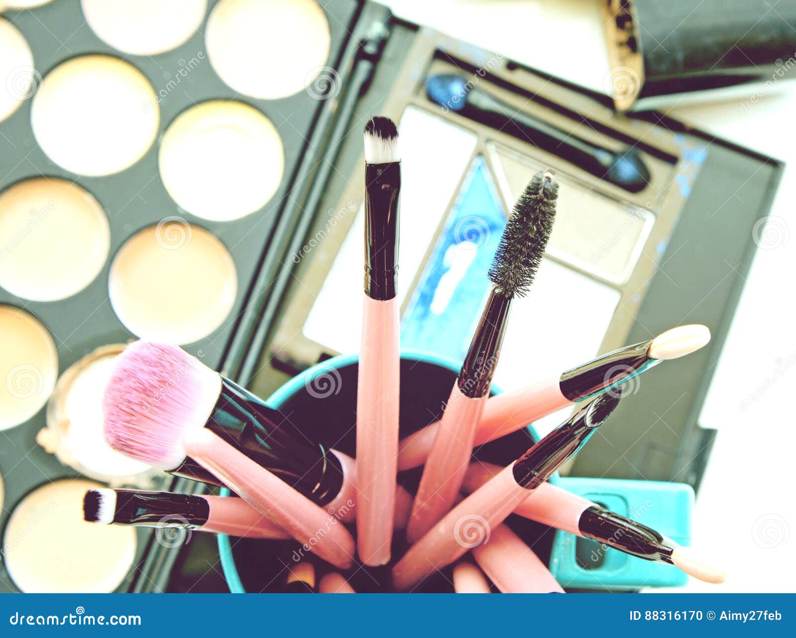 Vintage Make Up Set and Make Up Colors Palette. Stock Photo Image of