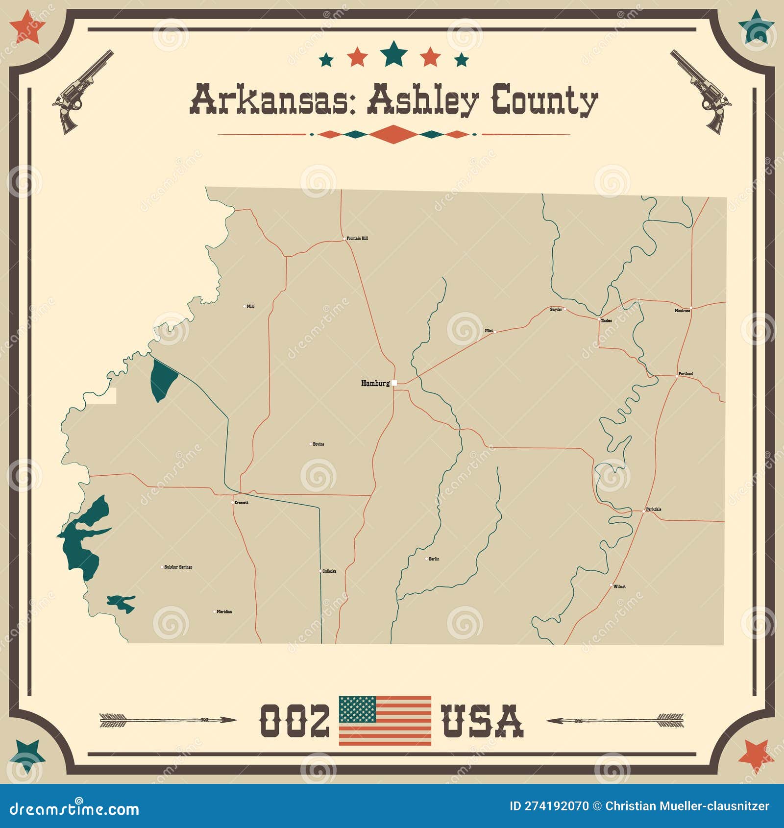 Vintage Map of Ashley County in Arkansas, USA. Stock Vector