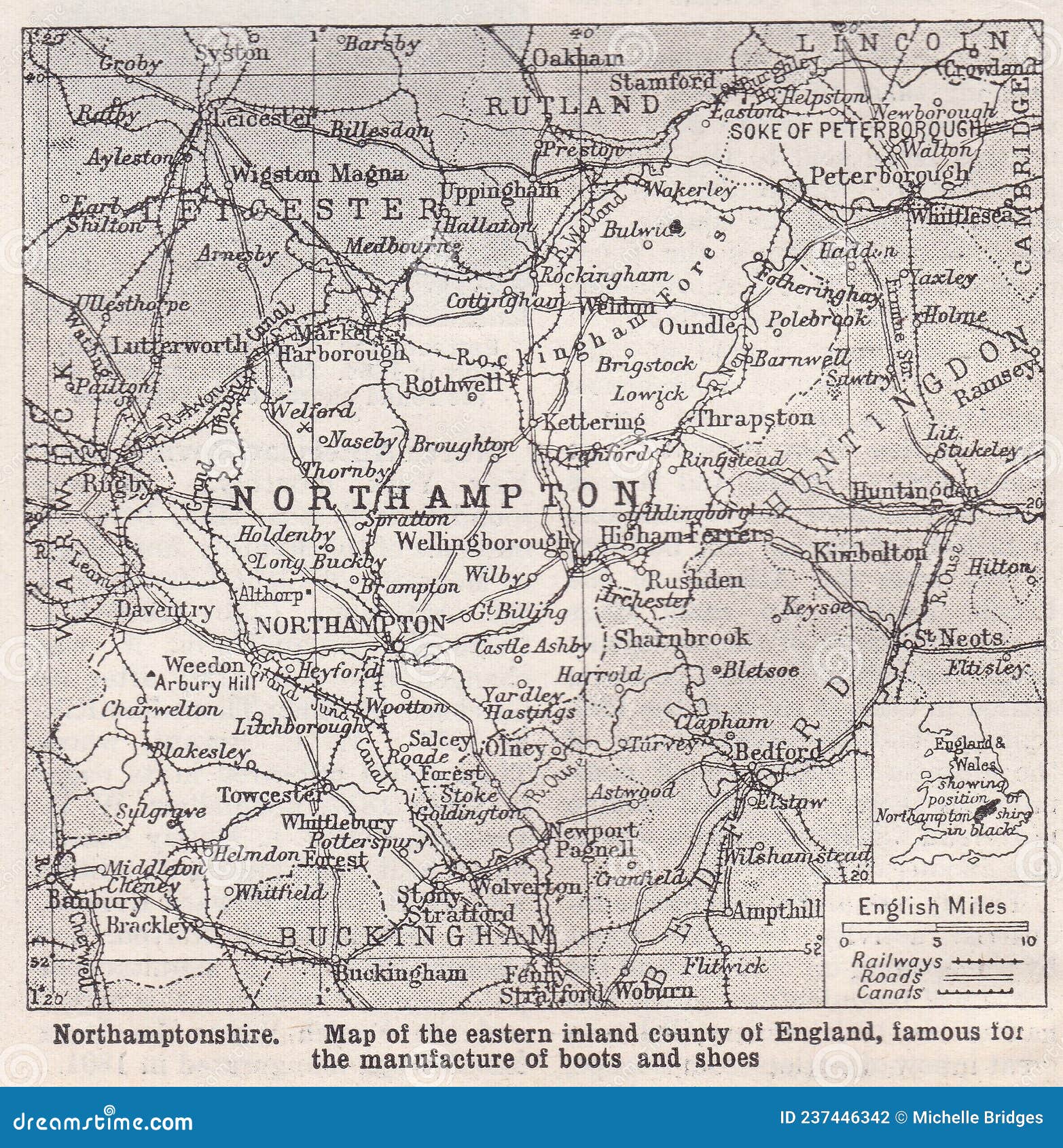 Vintage Map of Northamptonshire 1930s. Editorial Photography