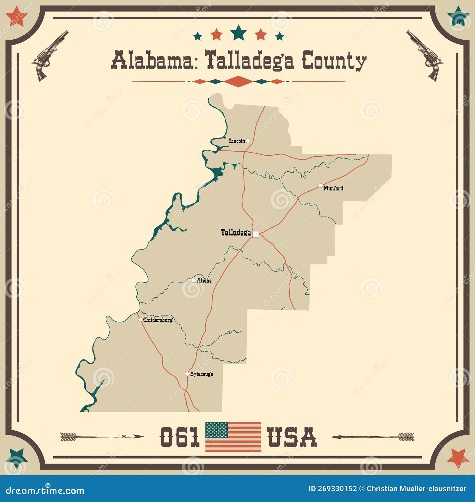 vintage map of talladega county in alabama, usa.