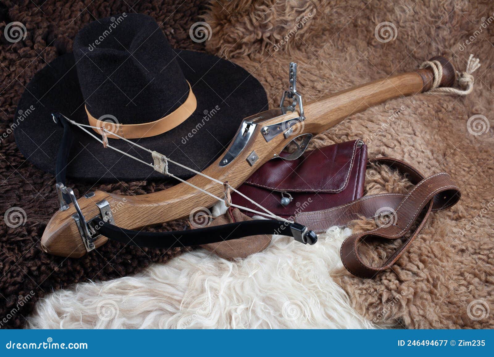 vintage medieval an arbalister crossbow on sheep fur background