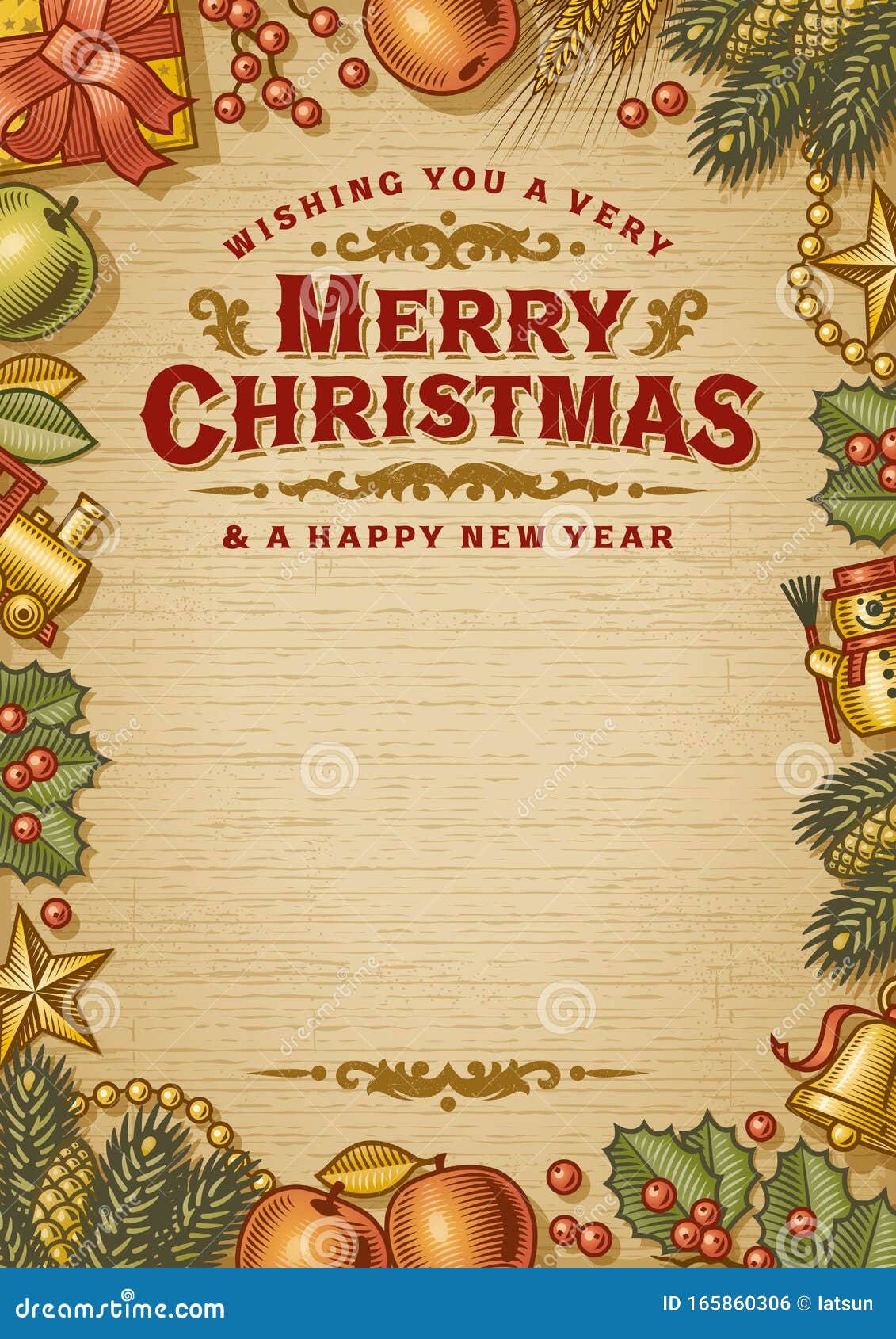 Vintage Merry Christmas Greeting Card with Copy Space Stock Vector ...
