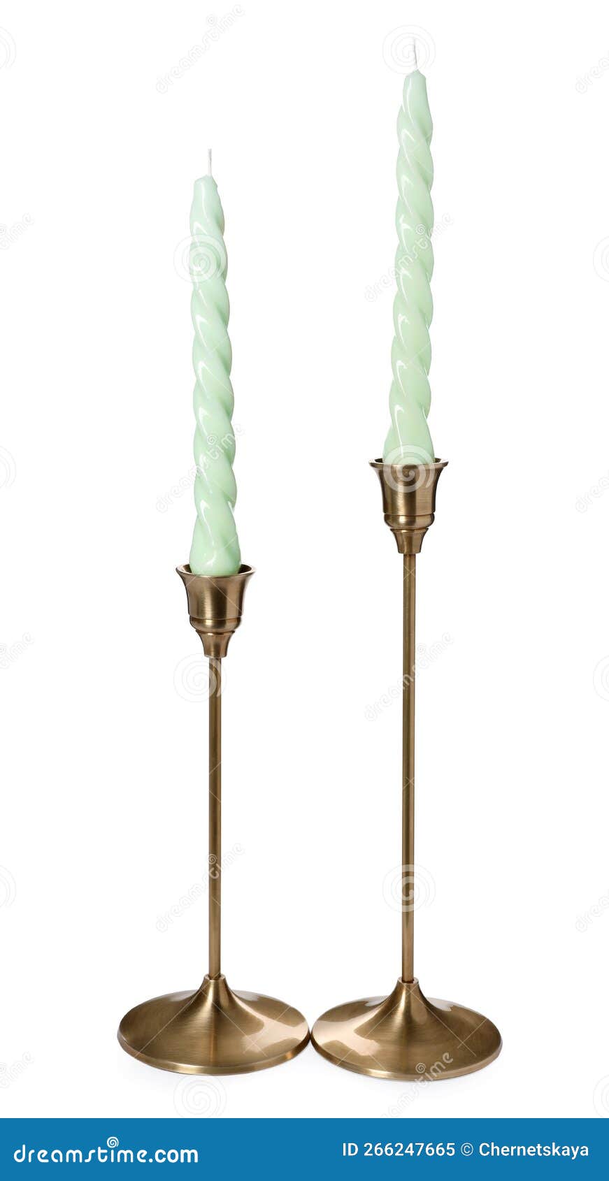 Vintage Metal Candlesticks with Candles on White Background Stock Image