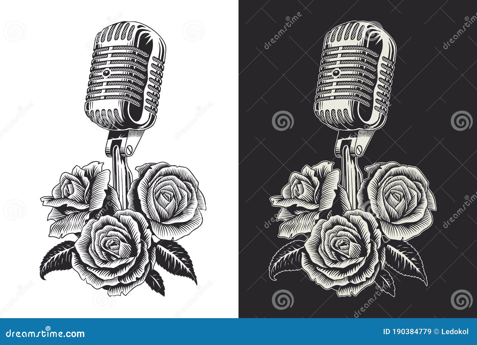 Vintage Microphone and Roses. Black and White Illustration Stock  Illustration - Illustration of idea, audio: 190384779