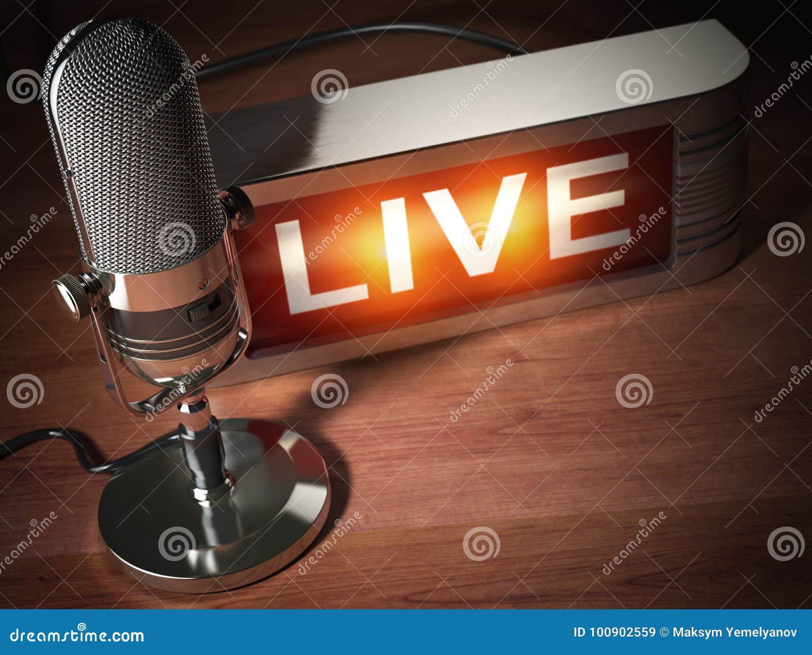 vintage microphone with signboard live. broadcasting radio station concept.