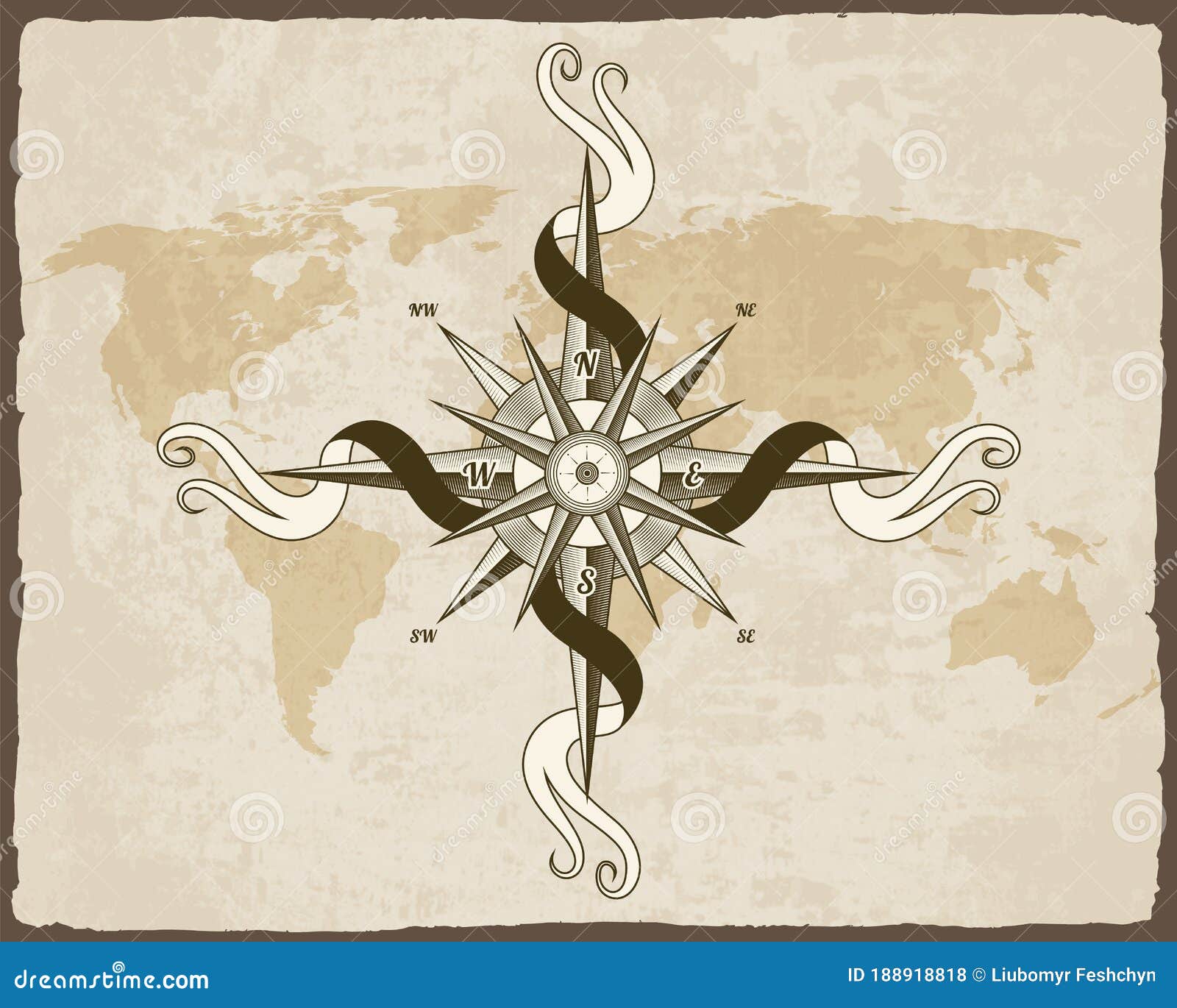vintage nautical compass. old world map on  paper texture with grunge border frame. wind rose