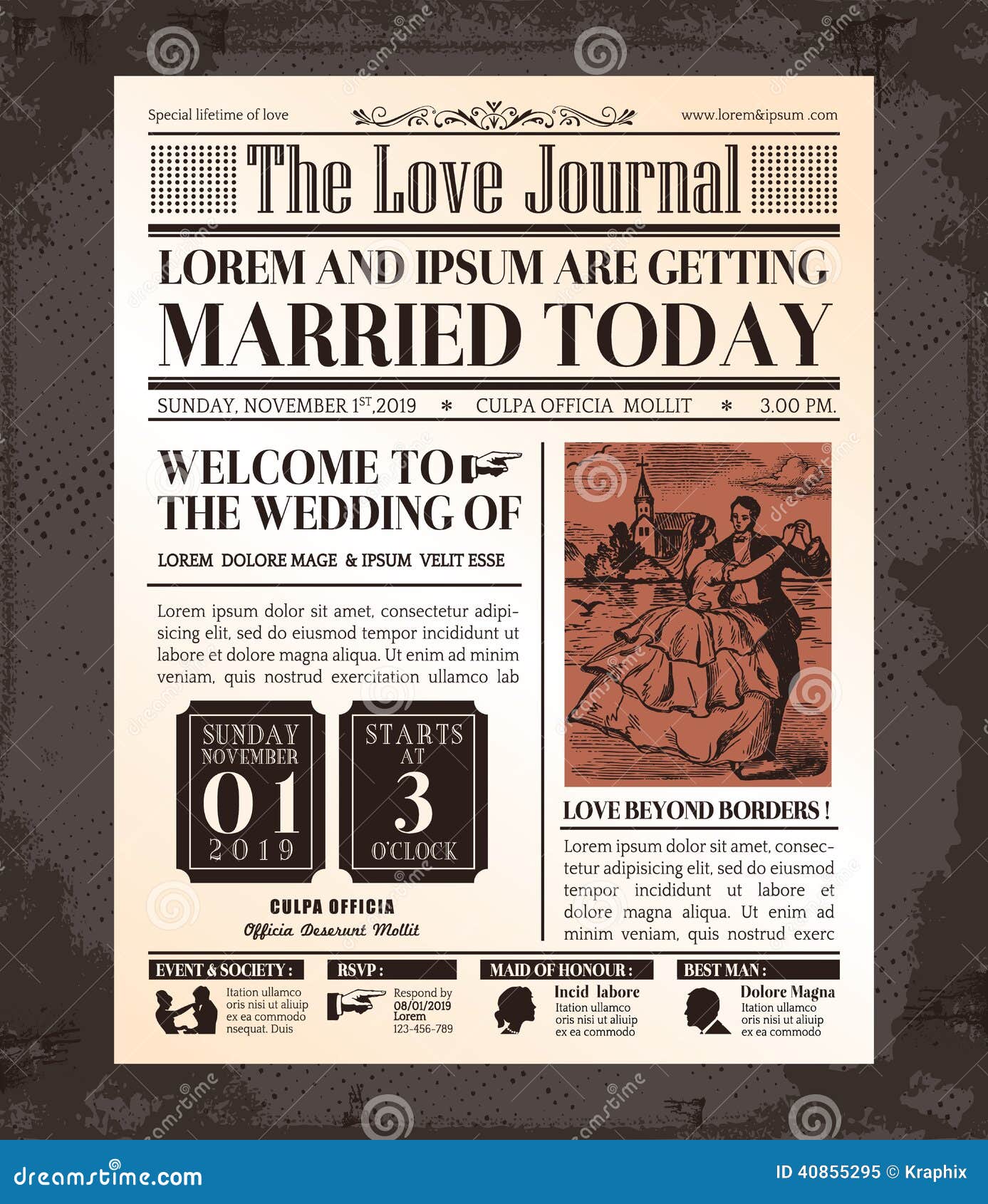 vintage newspaper wedding invitation card 