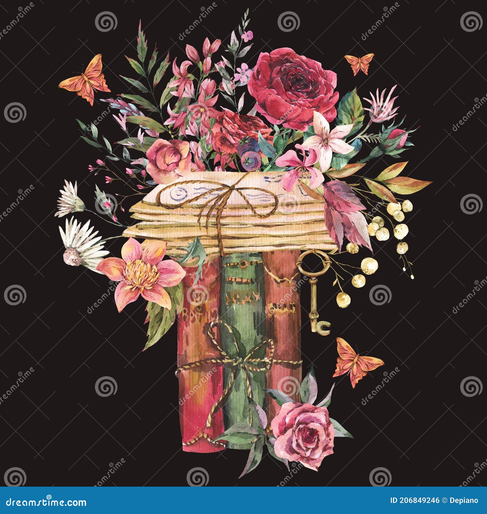 vintage old books with flowers. natural greeting card. dark academia floral 