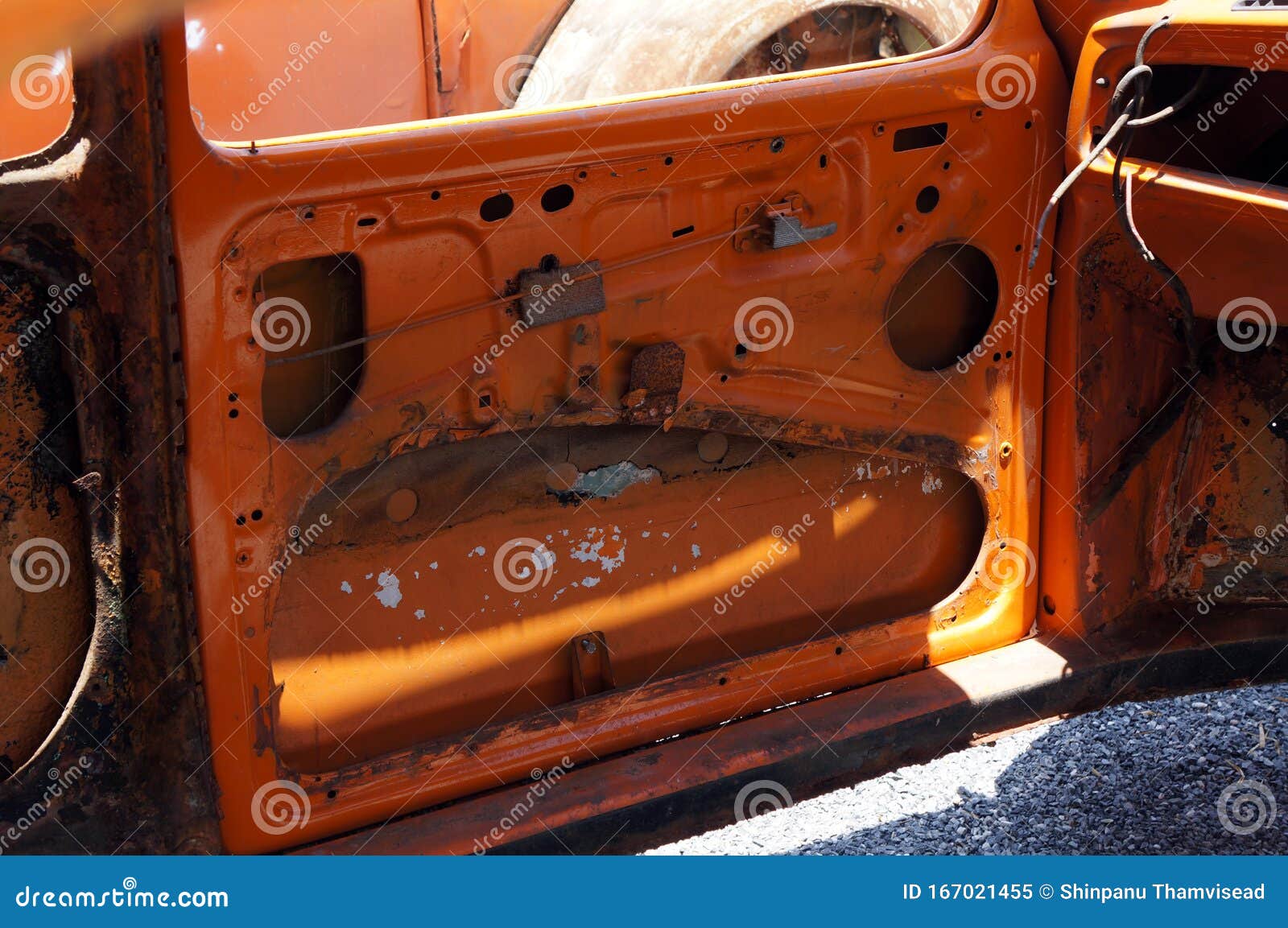 Vintage Old Car Door Frame. Inside View. Classic Car Destroyed Stock