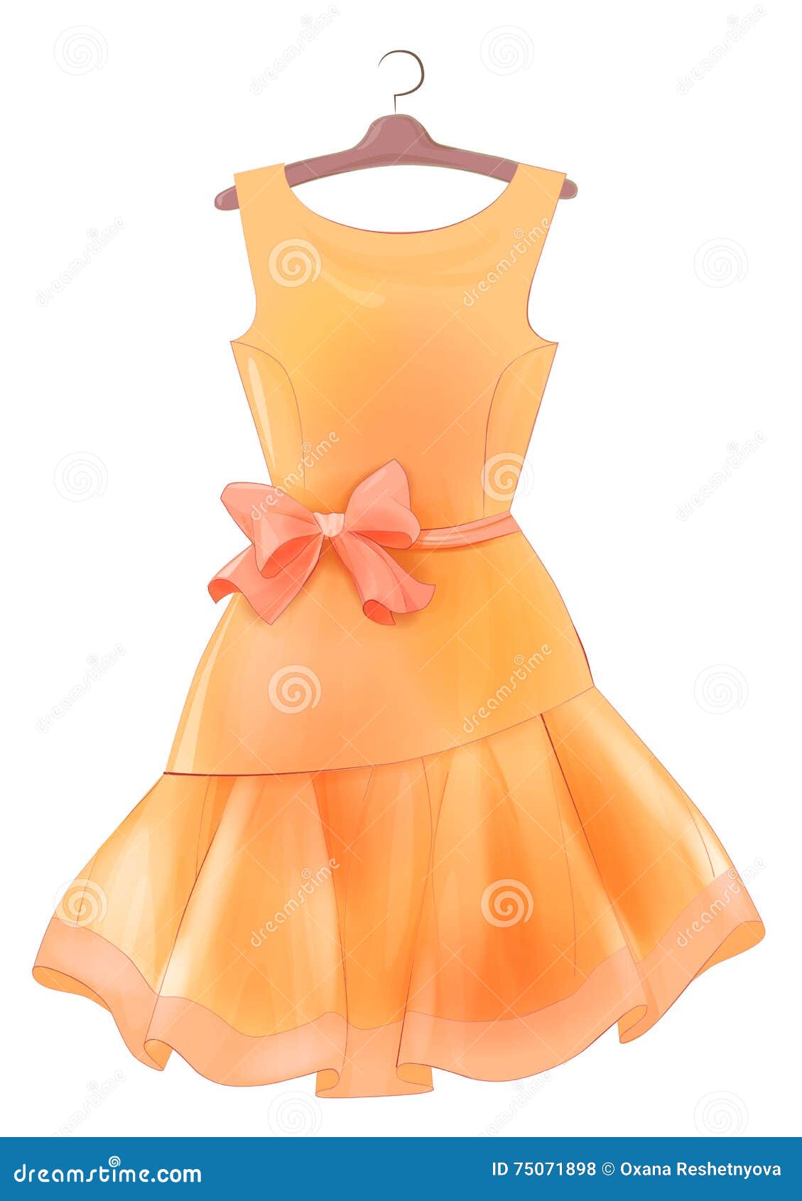 Vintage Orange Silk Dress with Pink Bow. Outfit for Party Stock Vector ...