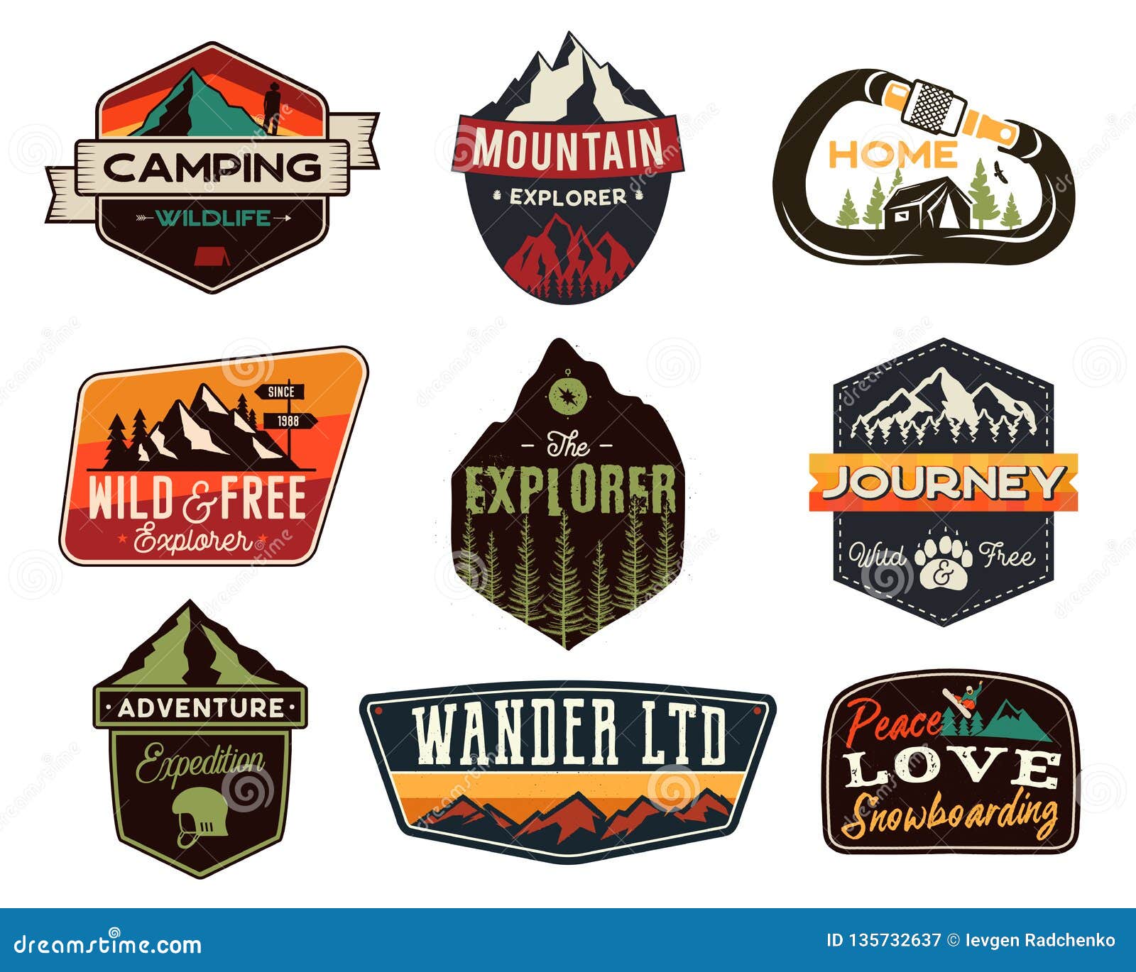 Vintage Outdoors Logos Set. Hand Drawn Mountain Travel Badges, Wildlife ...