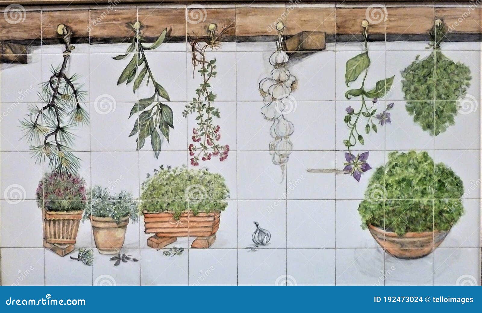 Vintage Painted Kitchen Tiles Stock Photo Image of herbs, leaf 192473024